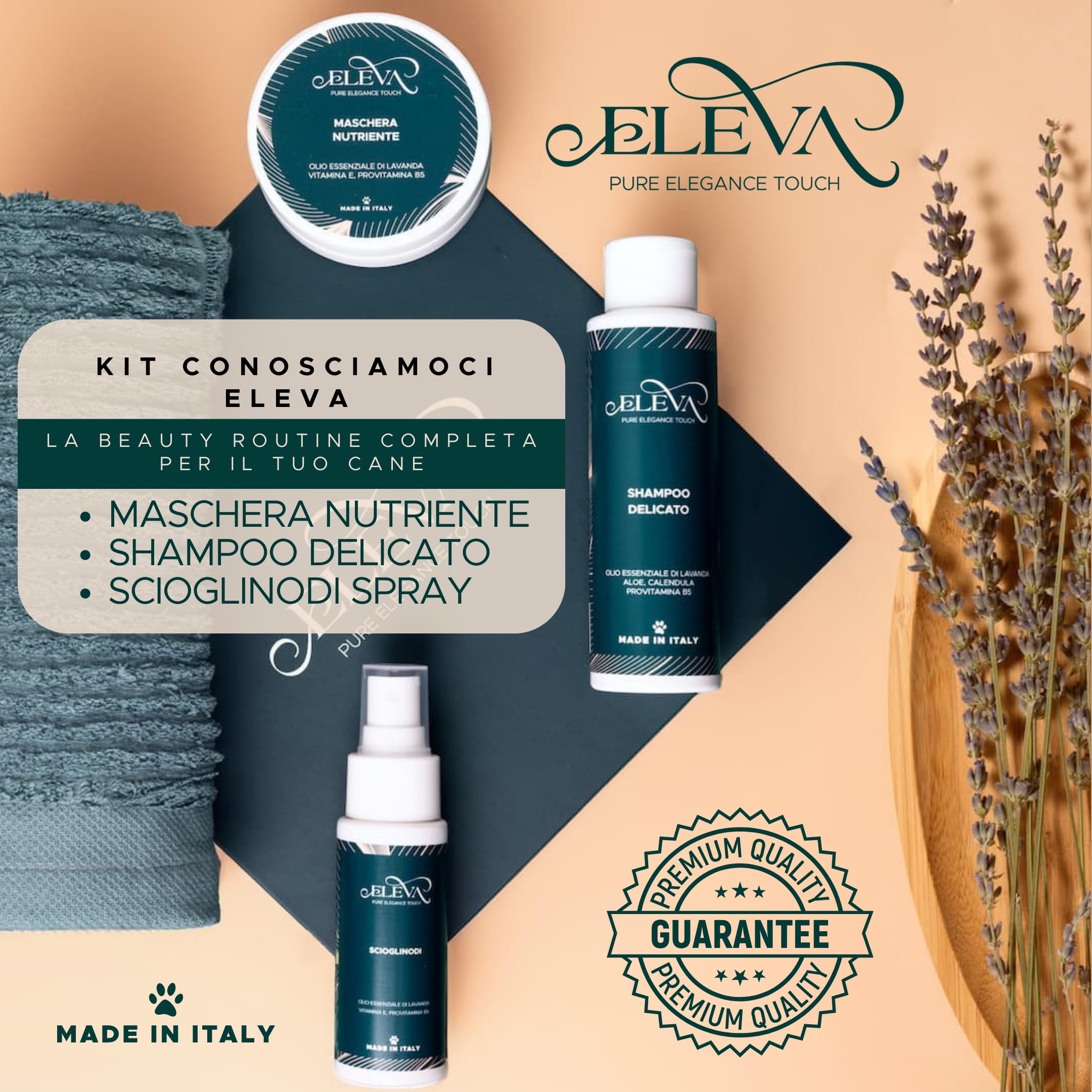 ELEVA PET - Kit Conosciamoci - Shampoo Delicato, Maschera Nutriente e Scioglinodi per Cani - Beauty Routine Completa - Ingredienti Vegetali - PH Ottimizzato - con Olio di Lavanda - Made in Italy