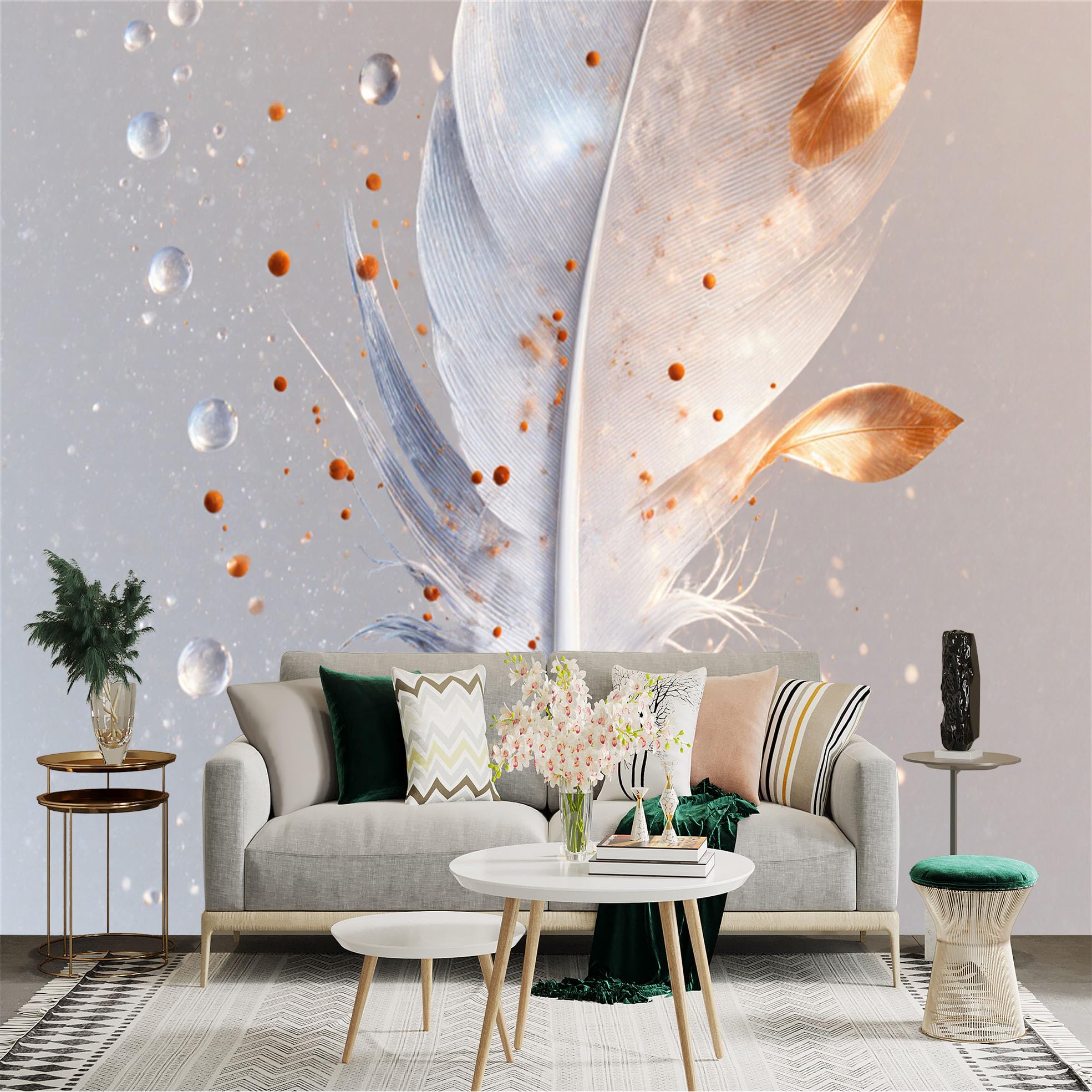 Custom Size Wall Sticker Mural， Elegant White Feather with Gold Accents， Floating Water Droplets， Abstract Soft Texture， Modern Minimalist Art， for wall Decoration， peelandstick wall Decals.