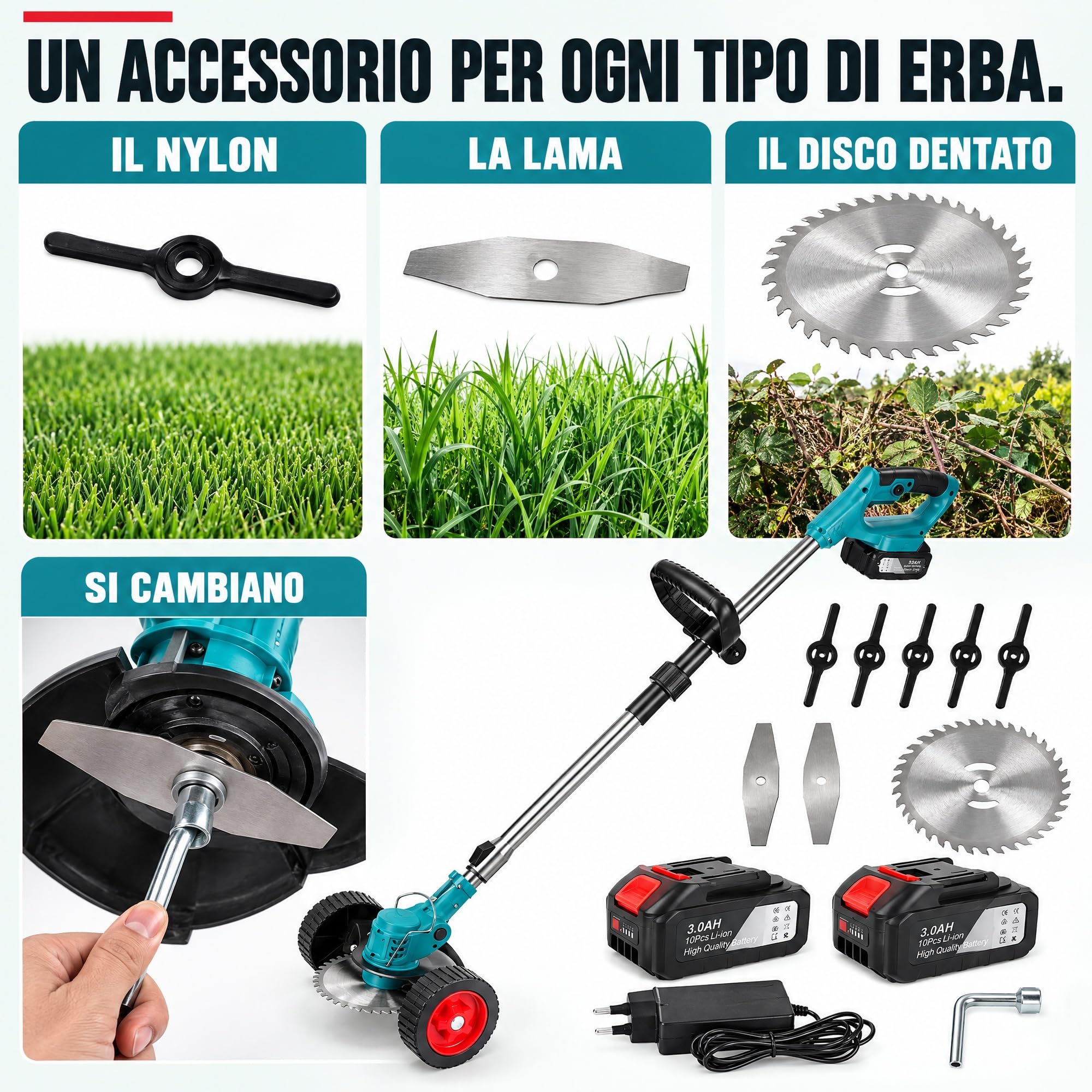 Decespugliatore a Batteria 21V con Ruote, 2 Batterie 4.0Ah Incluse