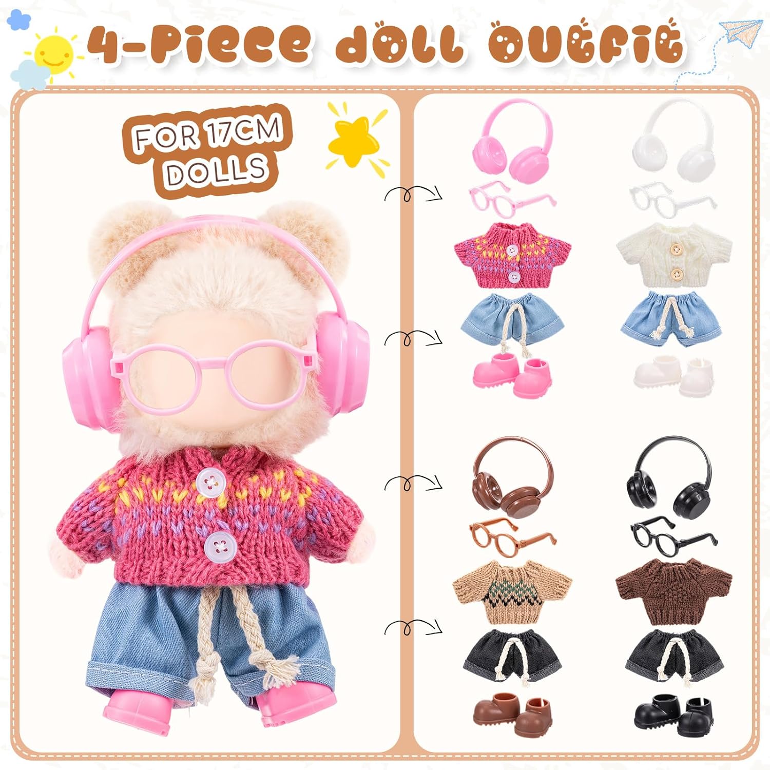 Simgoing 4 Pack 17cm Doll Clothes Set Easter Gift Premium Jeans & Knitted Sweater Outfit Suit Glasses Headphones Shoes for 17cm Doll Dress up Adorable Kawaii Clothes Accessories