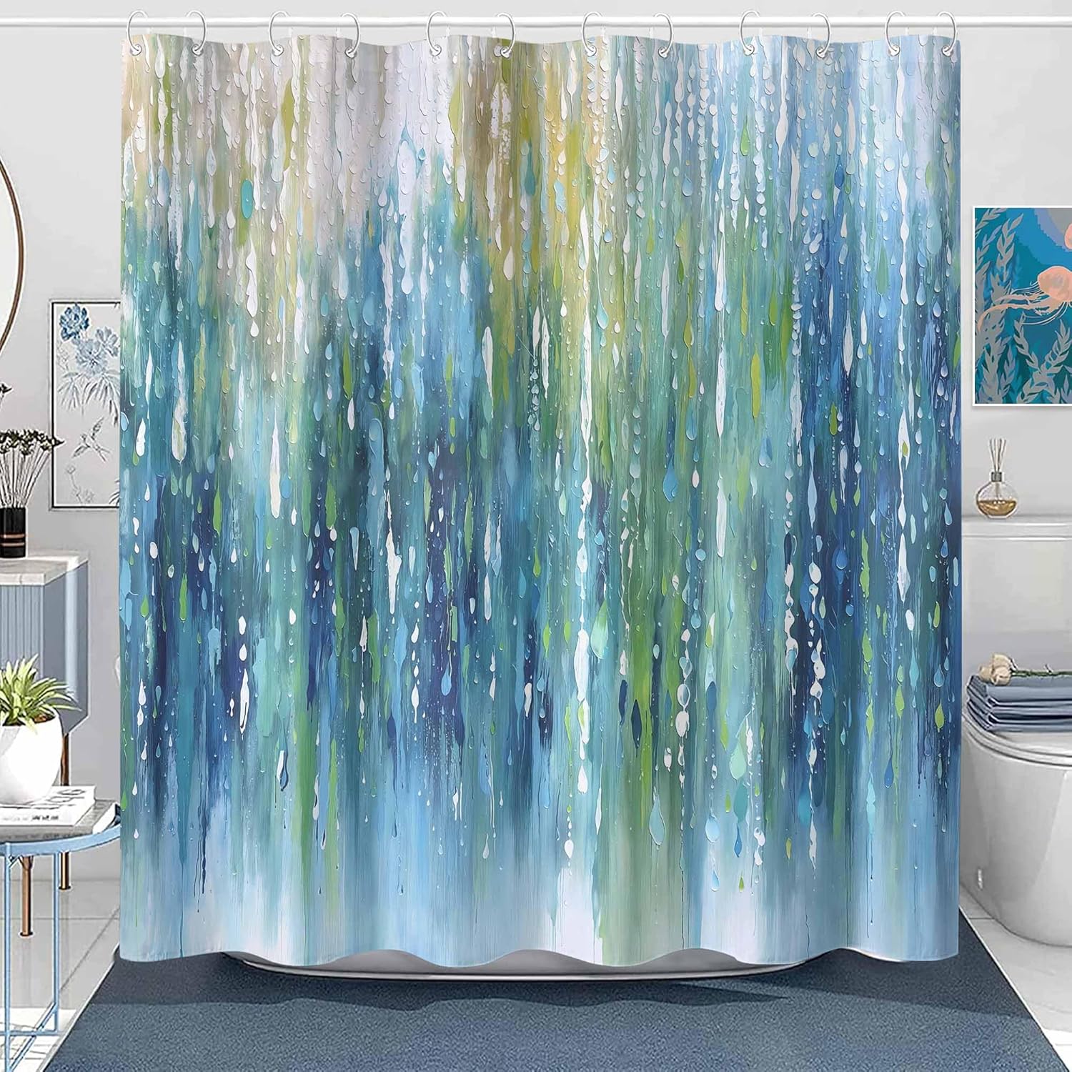 Rexful Abstract Drip Art Shower Curtain for Bathroom Vertical Rain Texture Look Contemporary Blue Green Teal Fabric Bathroom Decor Polyester Fabric 72 x 72 inch with 12 Hooks (Green1)