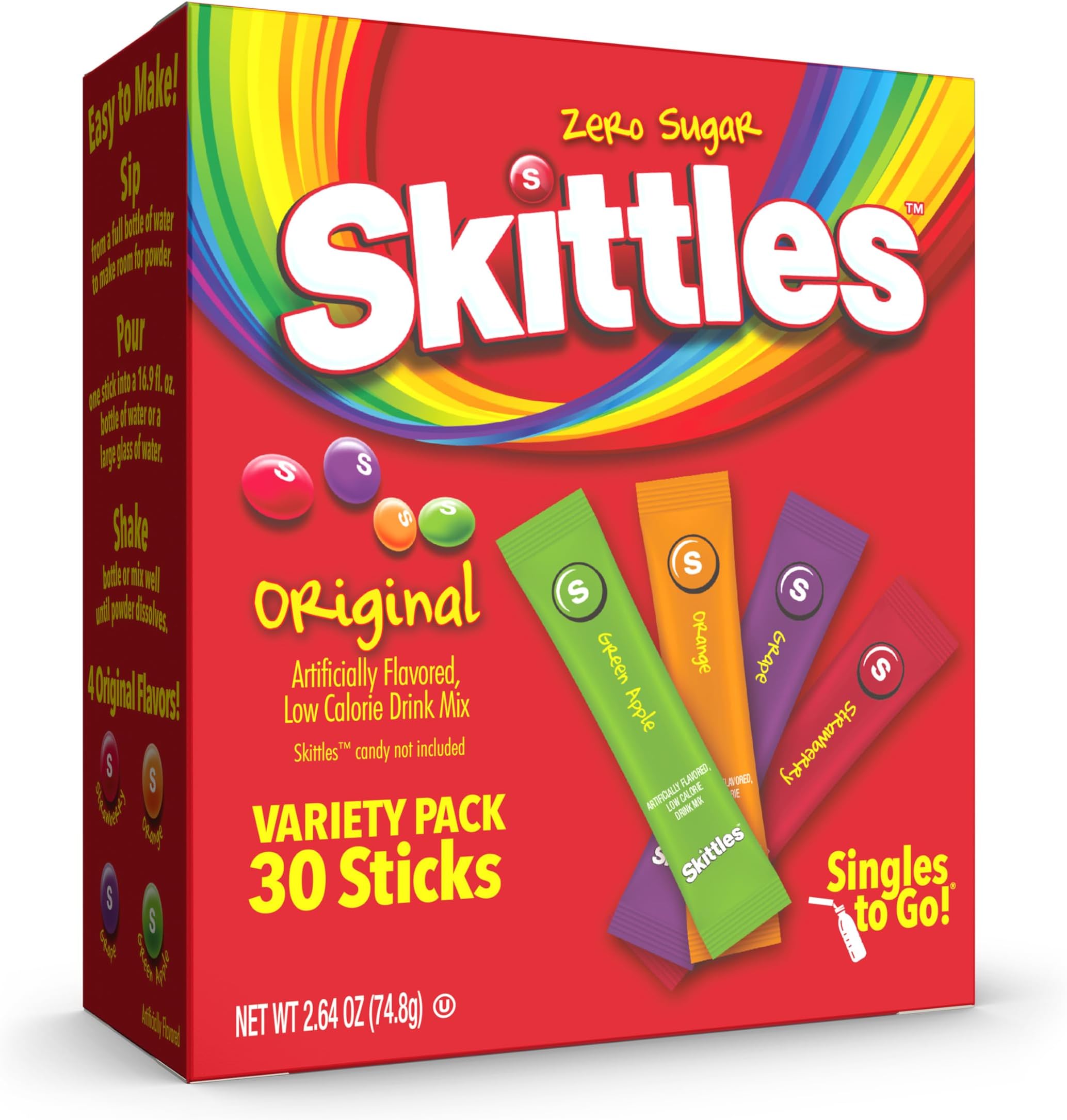 SINGLES TO GO! Skittles Variety Pack, Watertok Powdered Drink Mix, Zero Sugar, Low Calorie, Includes 4 Flavors: Green Apple, Strawberry, Grape, Orange, 1 Box (30 Single Servings)