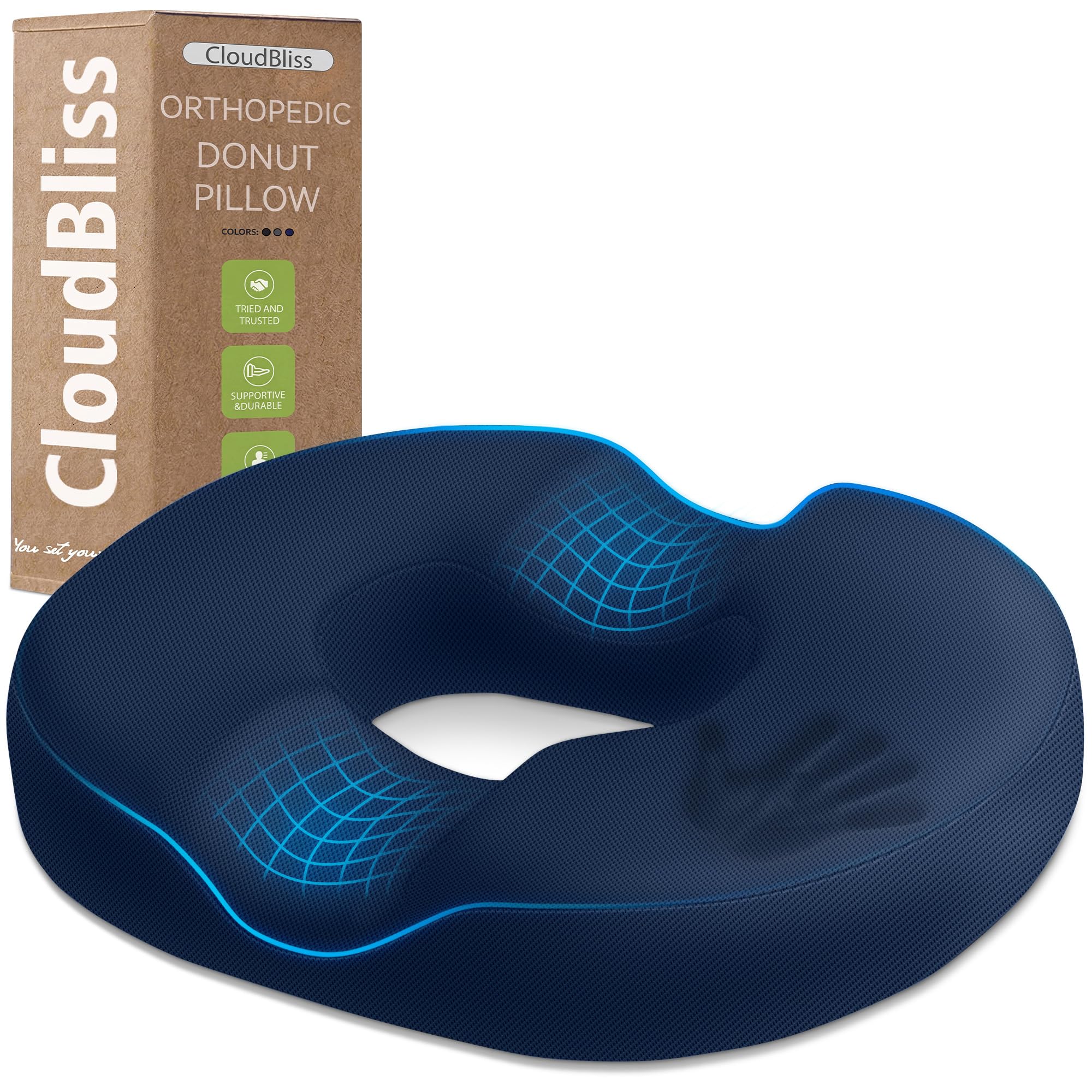 CloudBliss Donut Pillow Stadium Seat Cushion for Tailbone Pain Relief and Hemorrhoids, Memory Foam Seat Chair Cushion, Portable Seat Cushions for Bleachers, Car, Home &amp; Office