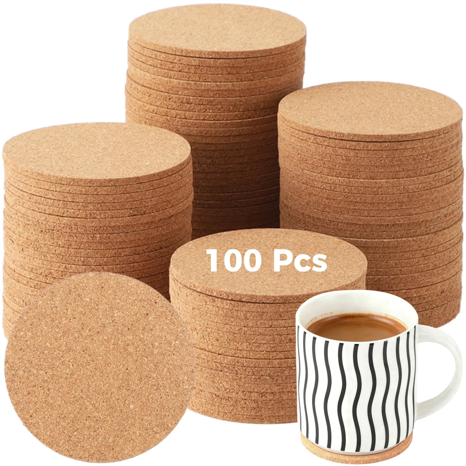 Swewarm Wood 100 Pcs Cork Coasters, 3.5 Inch Round Natural Cork Coasters, Bulk Blank Coaster For Drinks, Heat-Resistant And Non-Slip Cork Pads Coaster For Diy Crafts