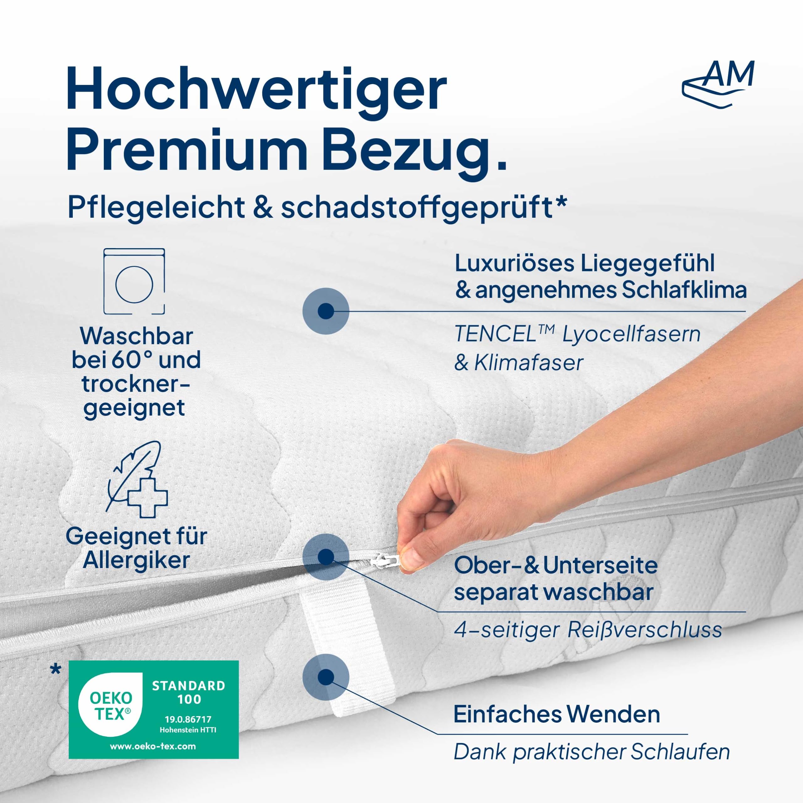 AM Qualitätsmatratzen Premium 7 Zonen Kaltschaummatratze 90x200 H2 - Made in Germany - Oeko TEX zertifizierte Matratze Kaltschaum 90x200-19 cm Hoch - Ergonomische Matratze 90x200cm