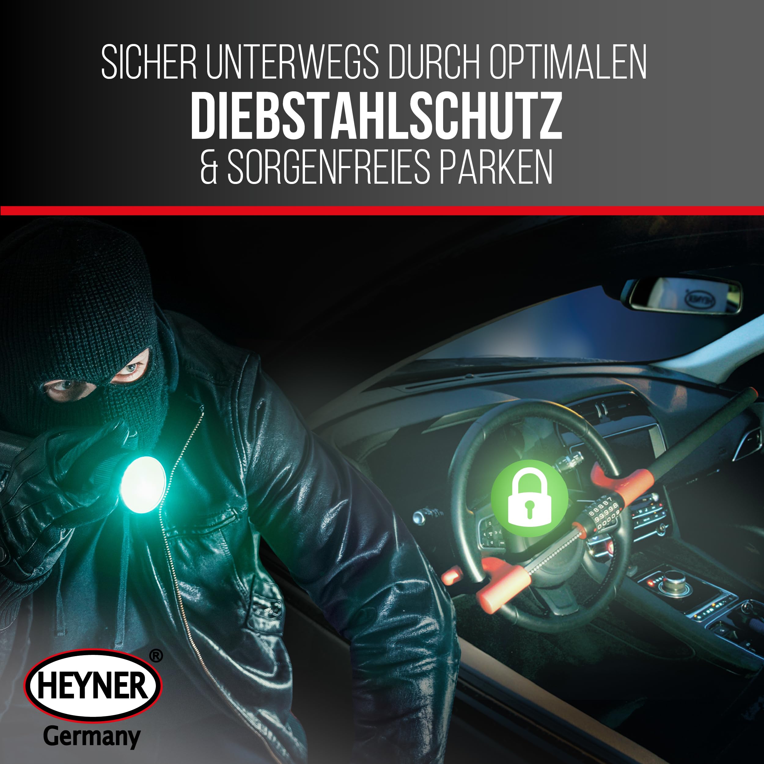 HEYNER® Lenkradsperre Wegfahrsperre mit Zahlenschloss Diebstahlsicherung für PKW extra lang