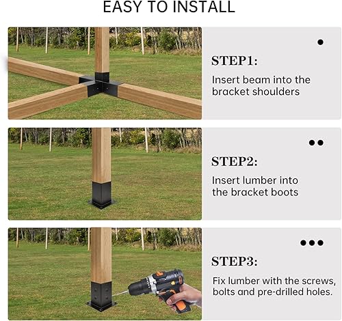 Miniatura 5 de Kit de pérgola, soportes para pérgola de 4 vías en ángulo recto, soporte de esquina para carpintería, kit de base de poste de bricolaje, vigas de