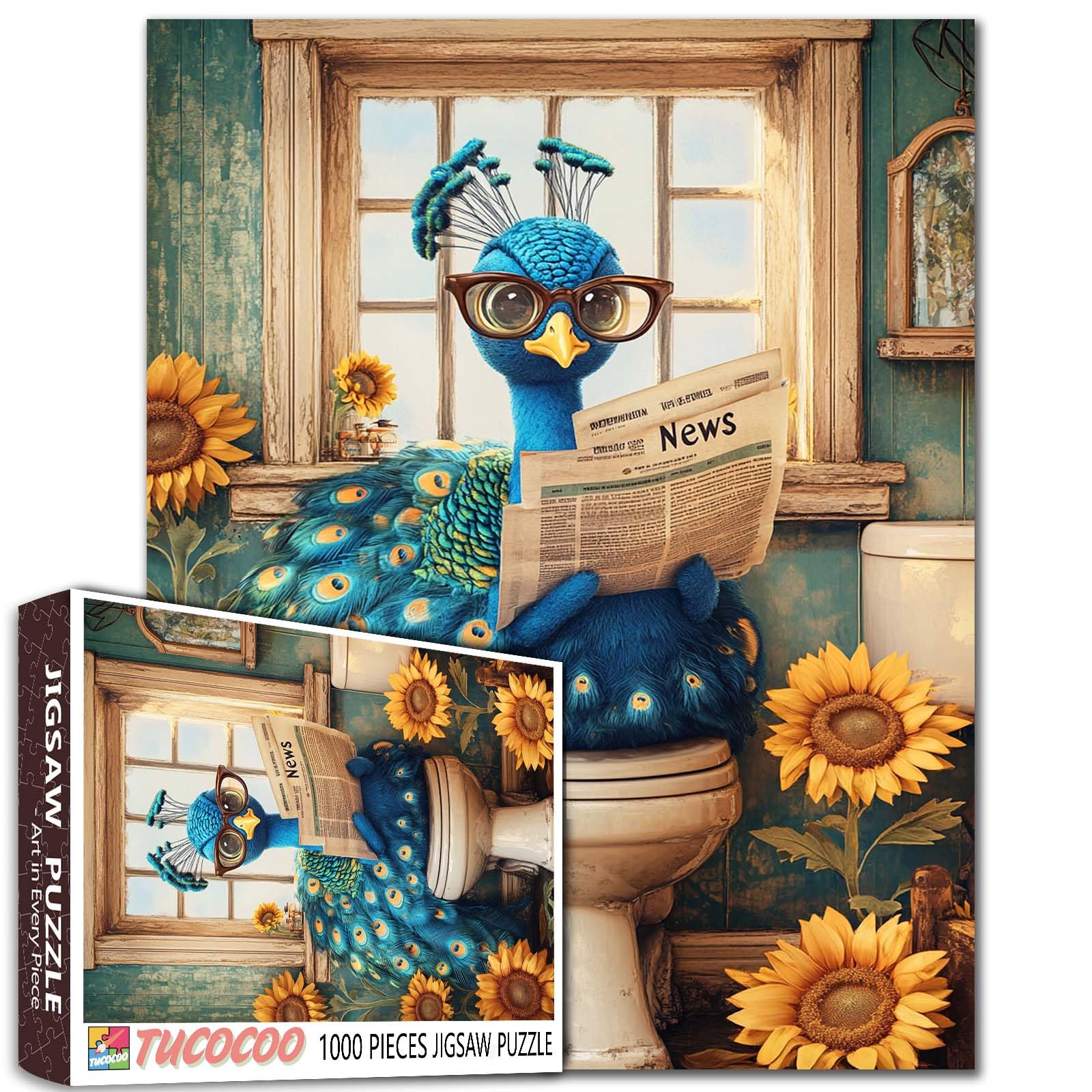 Peacock on Toilet 1000 Piece Jigsaw Puzzle for Adults Funny Animal with Glasses Reading Newspaper Puzzles Sunflower Bathroom Decor Unique Whimsical Puzzle for Men Women Family Challenging Gift