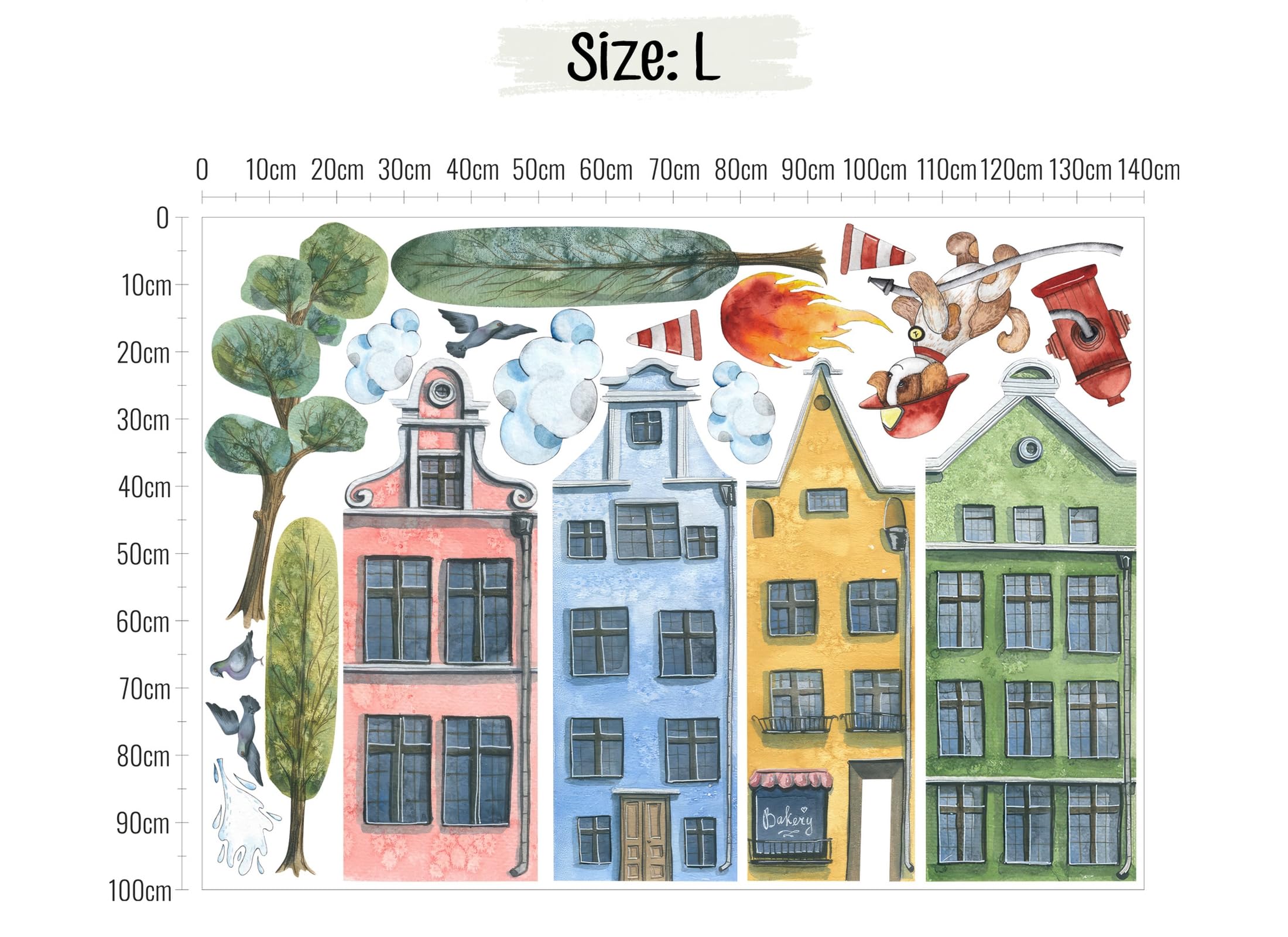 Wandtattoo Kinderzimmer Mädchen & Junge: Feuerhund & Stadt (180x140cm) | Kinderzimmer & Babyzimmer Deko | Wandsticker & Wanddeko Kinderzimmer | Wandaufkleber Kinderzimmer Wall Stickers os3026