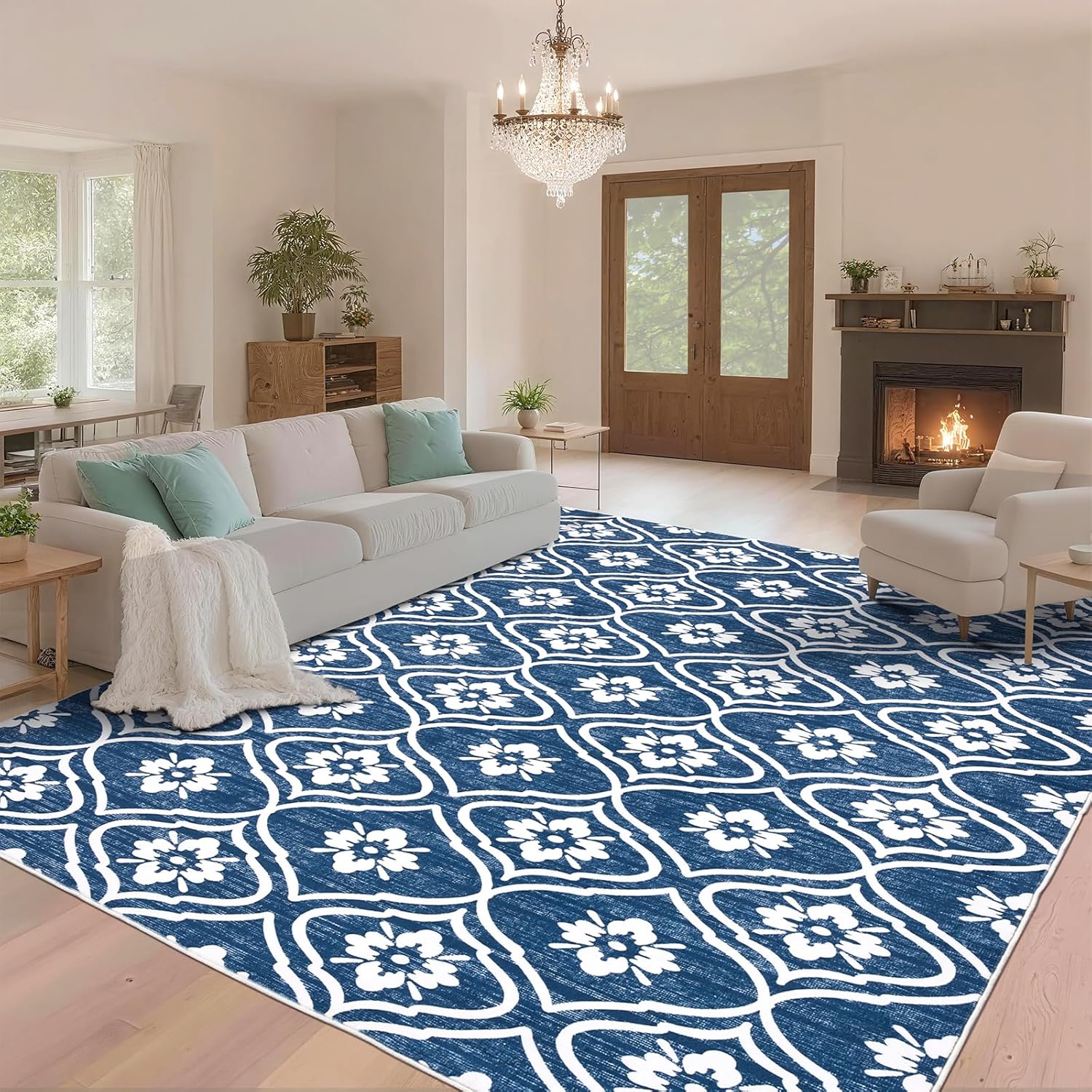 8x10 Ft Rugs, Washable Blue Rug for Living Room Low Pile Geometric Boho Area Rugs Soft Moroccan Rug Print Pattern Non Slip for Indoor Kitchen Bathroom