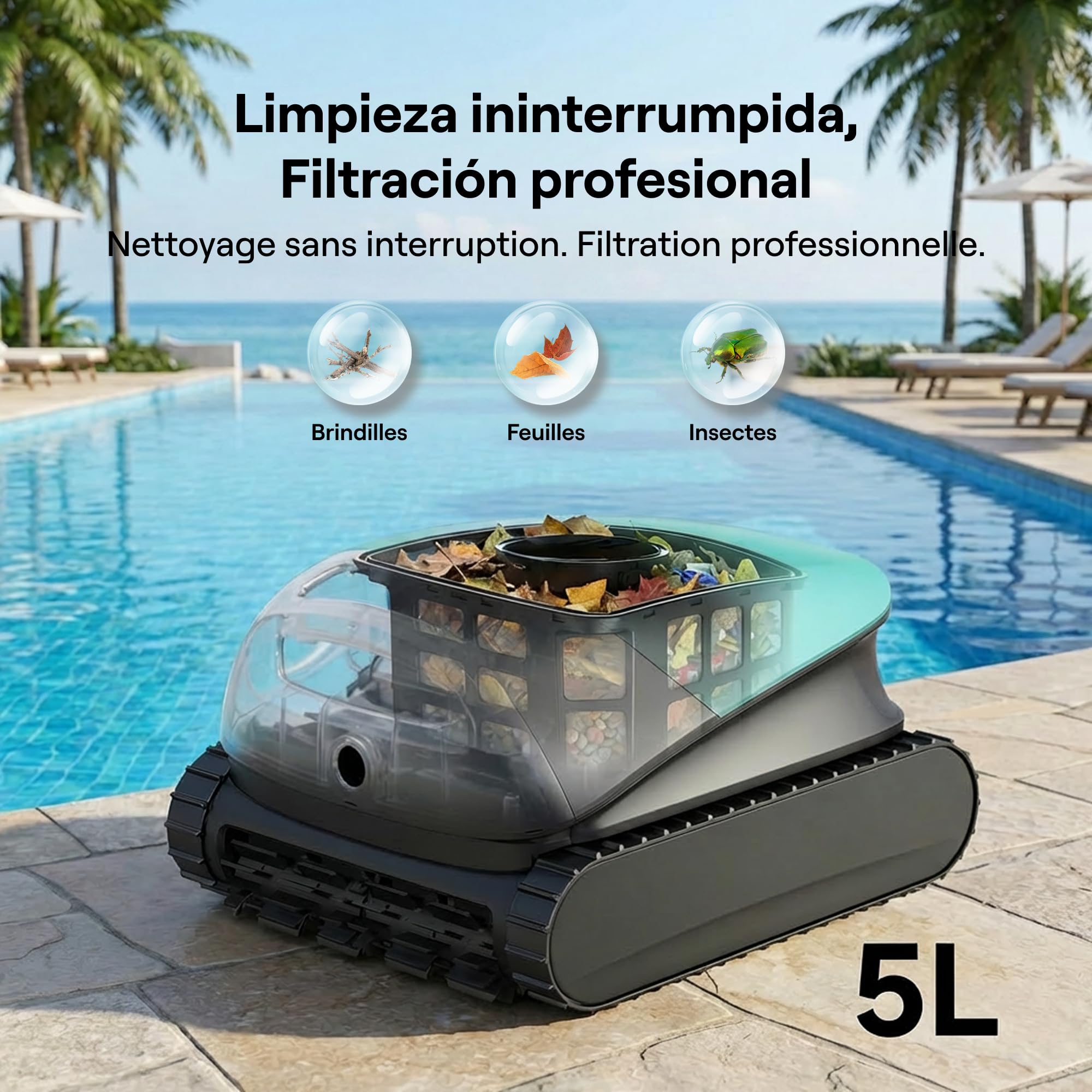 Beatbot Sora 10 Robot Piscine sans Fil 25700 LPH Fond Parois Ligne d'eau Plages Immergées Filtre 5L Spécial Feuilles 300 Min 300m² Vert