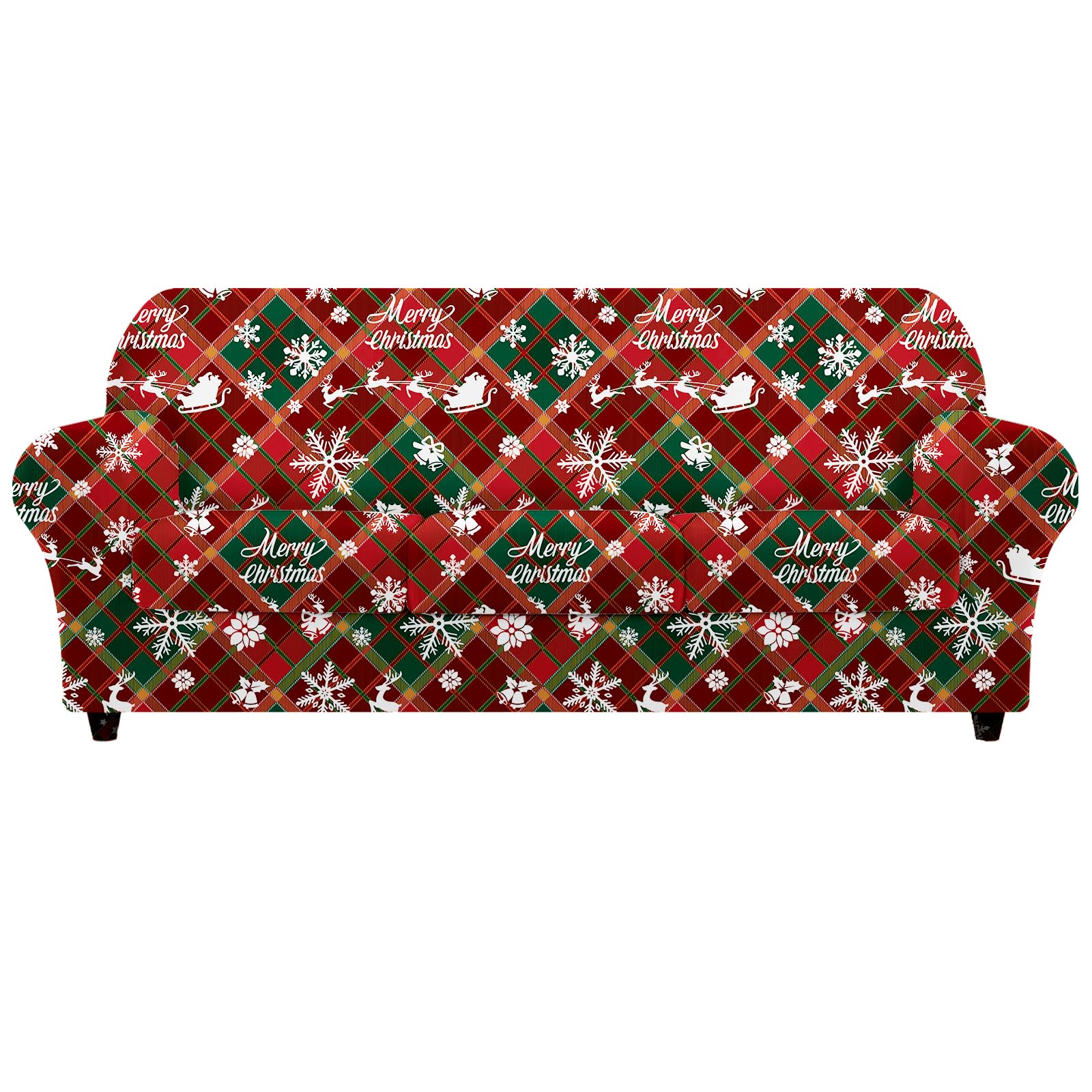Lot de 4 Housses de canapé de Noël 3 Places avec Housse élastique Extensible - Imprimée - avec accoudoirs - Douce et antidérapante (Flocons de Neige à Carreaux)