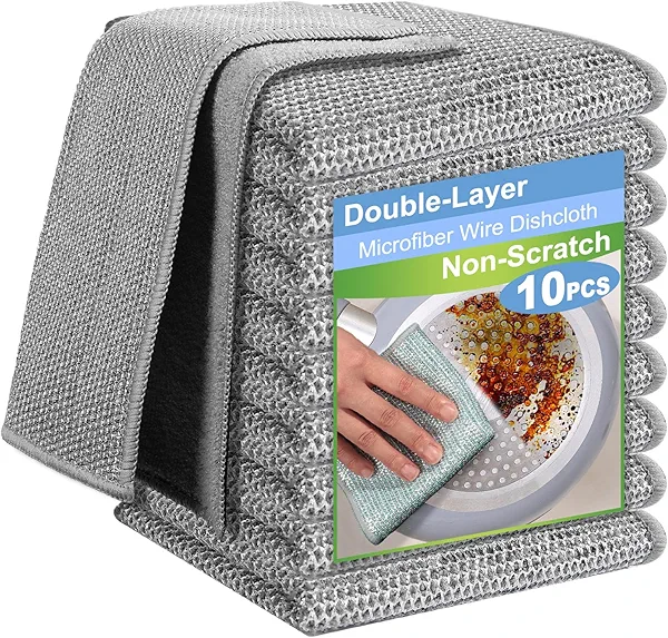 TIVERAIN 10pcs New Upgrade 2-Layer Microfiber Wire Dishcloth,Non-Scratch Wire Dishwashing Rags for Wet and Dry,Metal Scrubbers, Kitchen Miracle Cleaning Dish Rags for Cookware,Sinks, Dishes,Stove,Grey