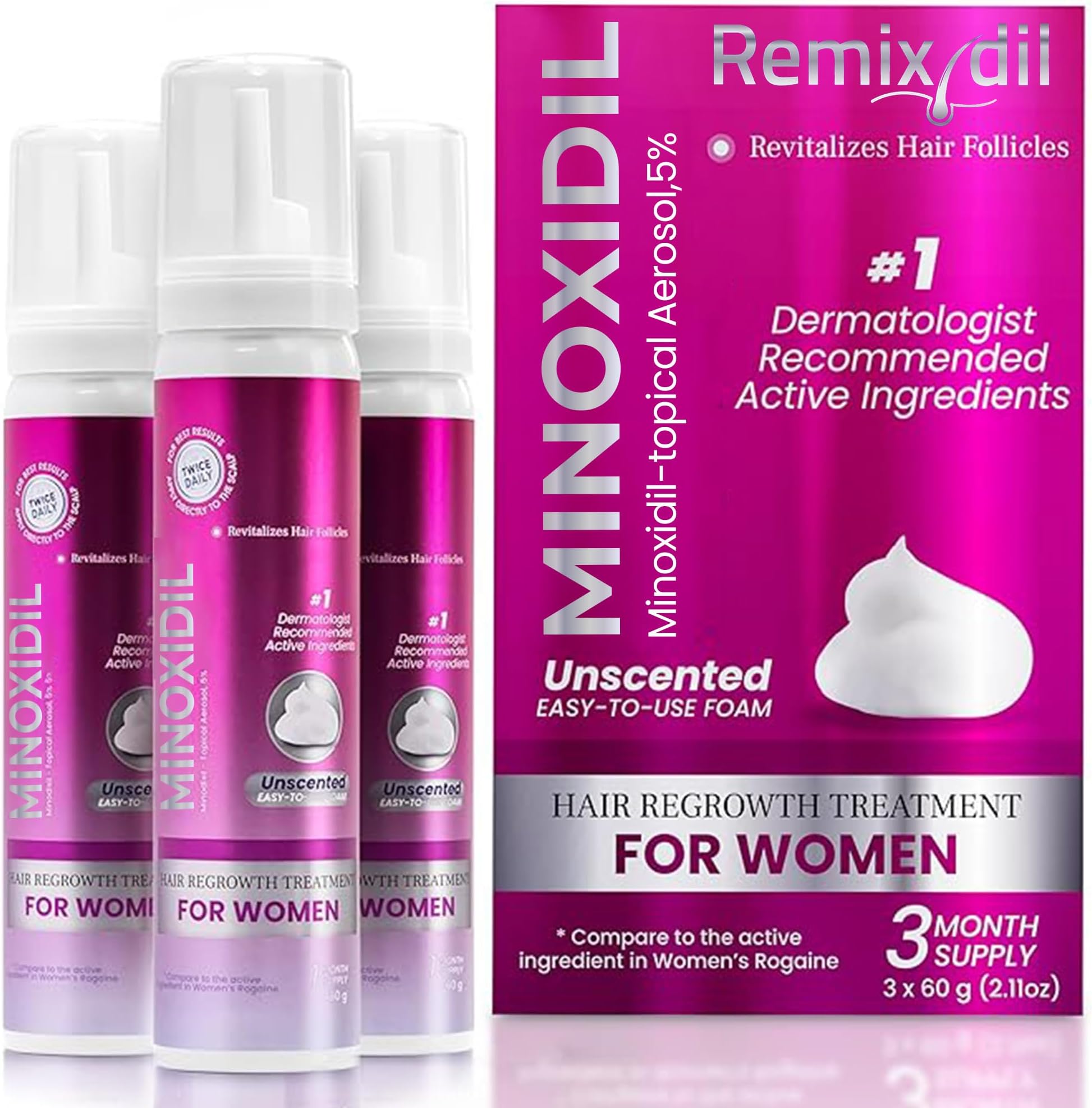 Minoxidil for Women | 5% Minoxidil For Women Hair Growth | Hair Regrowth Treatment | Unscented Topical Foam | Dermatologist Recommended | Clinically Proven Formula | 3 Month Supply