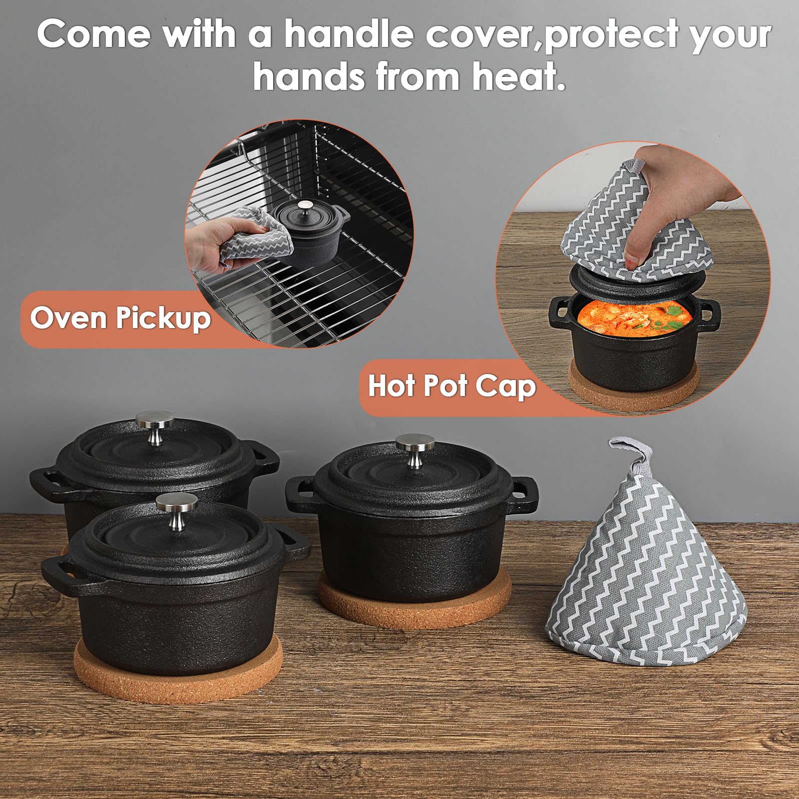 Mini Cocotte - Juego de 3 mini horno holandés con tapas y asas, asador de ajo de hierro fundido con alfombrilla de corcho, apto para estufa, horno (8 onzas) 4