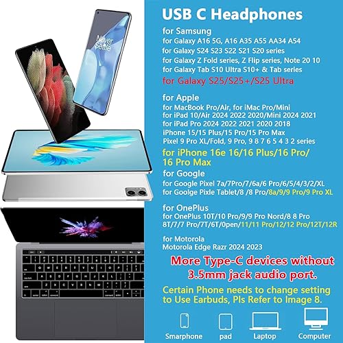 Miniatura 7 de Samsung Earbuds - Auriculares USB C con cable para Samsung Galaxy A17 A16 5G A35 S25 Ultra S25+ A26 A36 A56 A55 S24 Plus FE A54 S23 S22 A53,