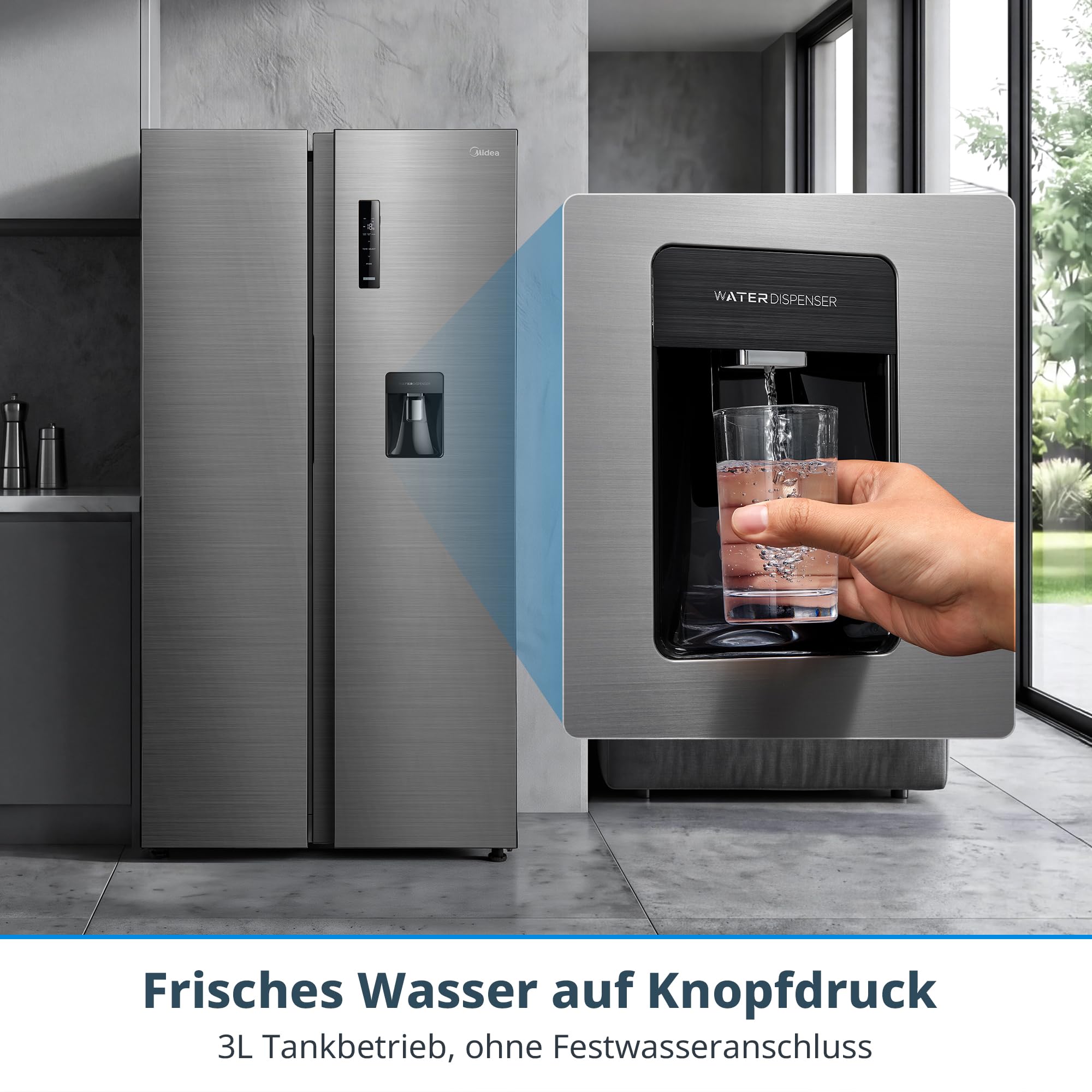 Midea Side-by-Side Kühlschrank 553L No Frost Kühl-Gefrierkombination Wasserspender 37 dB Inverter Motor Steel Gray MDRS710FGD46W