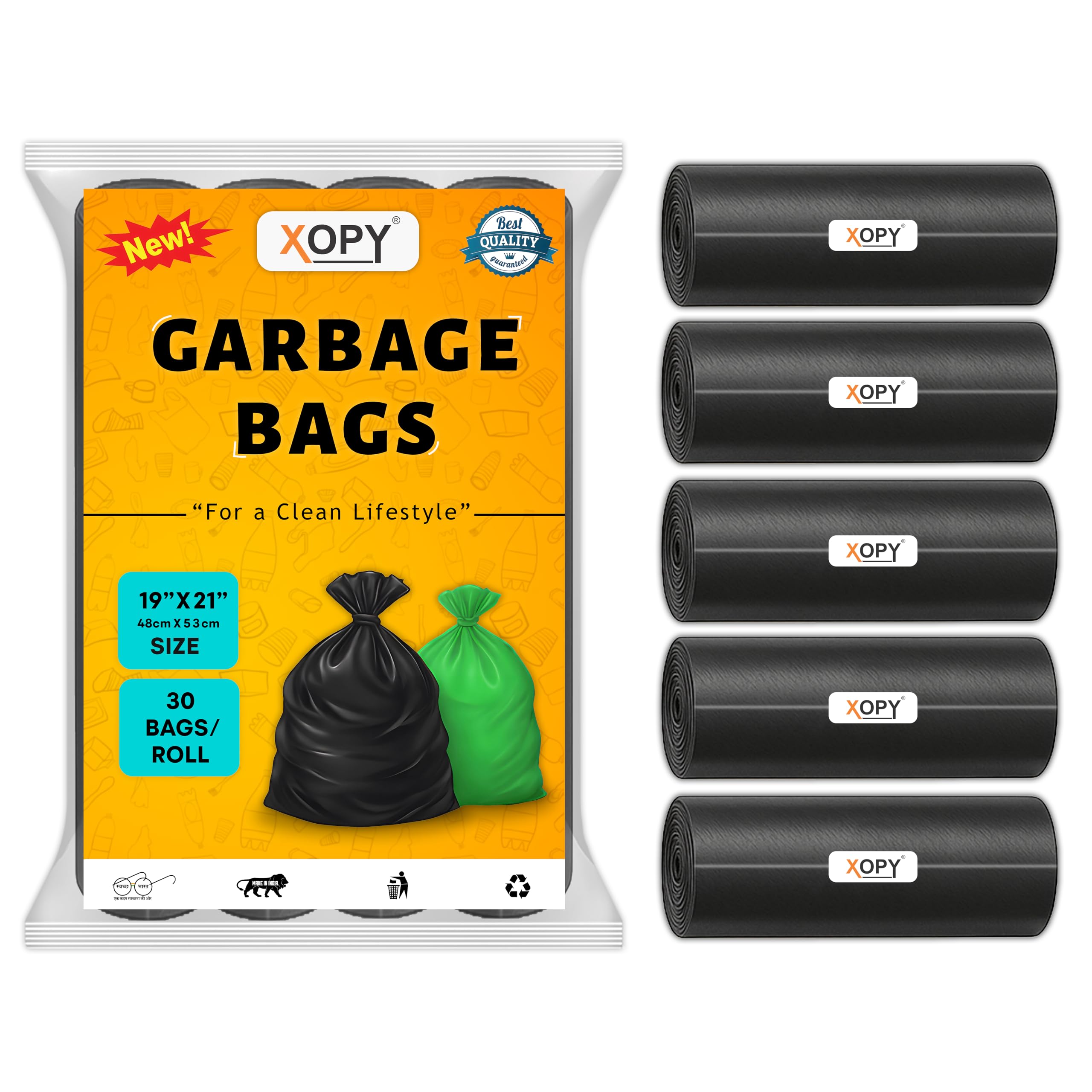 Xopy Premium Garbage Bags - Medium Size 19x21 Inches | 5 Rolls x 30 Bags = 150 Bags | Black Dustbin/Trash Bags for Home, Kitchen & Office | Pouch Packing-picture-19