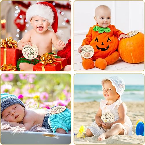 Miniatura 6 de 16 tarjetas mensuales de madera para bebé, discos de marcador de hitos mensuales de doble cara, círculos de madera para bebés, letreros de meses