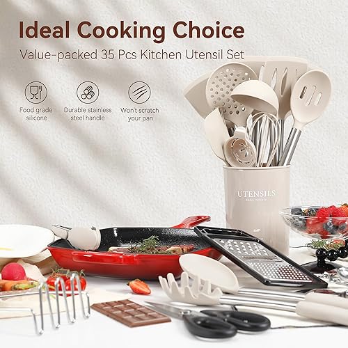 Miniatura 10 de NCUE Juego de utensilios de cocina, 35 piezas de utensilios de cocina de silicona con soporte, con mango de acero inoxidable, cucharas, servidor de
