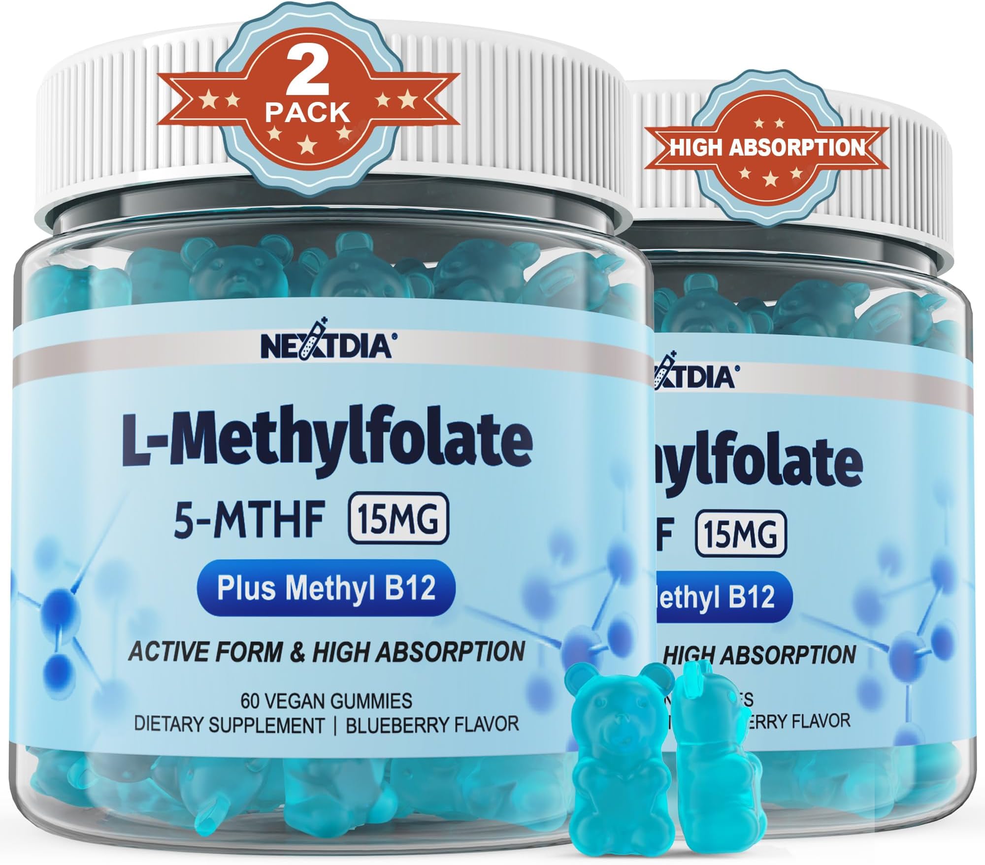 L-MethylFolate 15mg & Methyl B12 Gummies, Methylated B1, B2, B6 Multivitamins - Active 5-MTHF & High Absorption - Supports MTHFR Gene, Cognition, Homocysteine Levels, Folate Metabolism, Vegan, 120 Cts