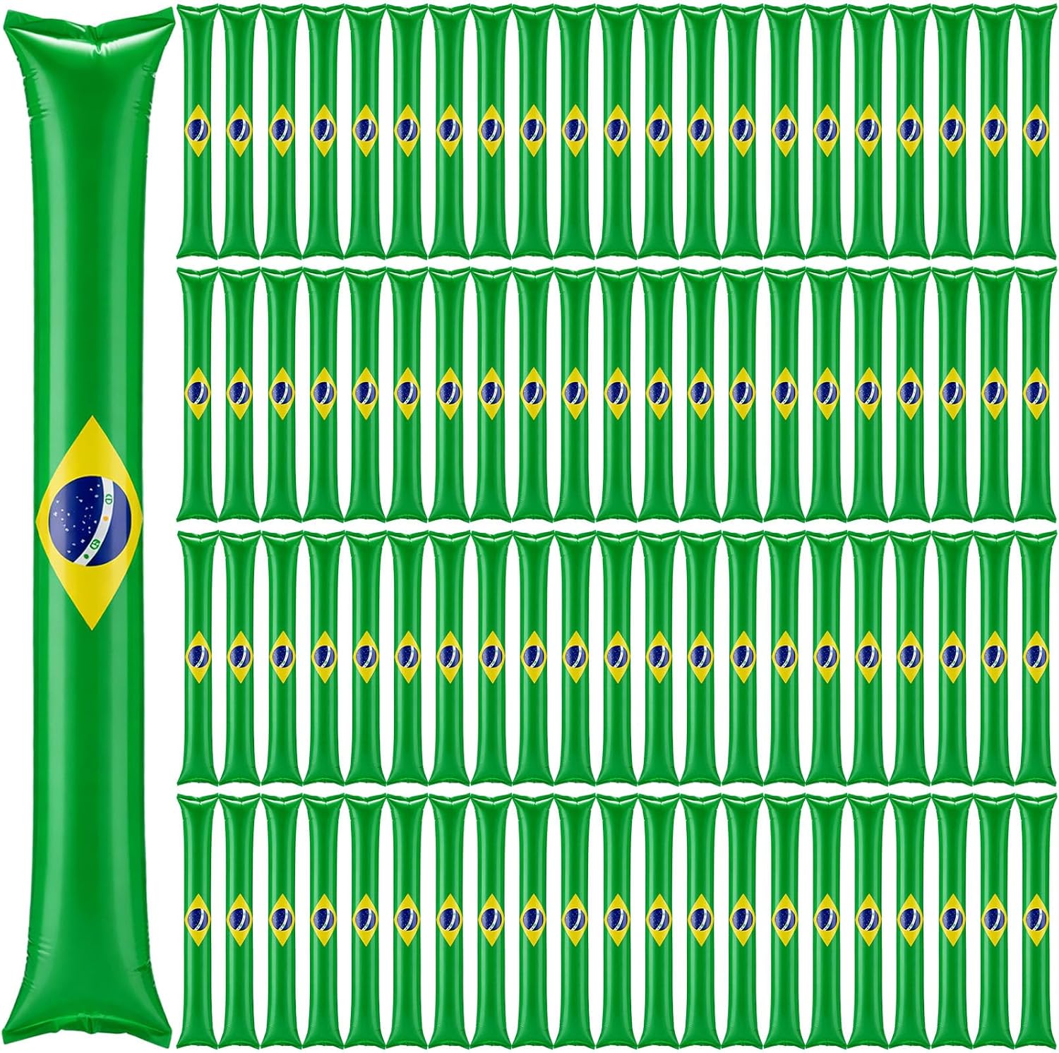 100 Pcs Brazil Inflatable Cheer Sticks Brazilian Flag Thunder Boom Sticks Cheerleading Spirit Noise Makers for Football Games Sports Events Carnaval Parades Indoor Outdoor Party Supplies