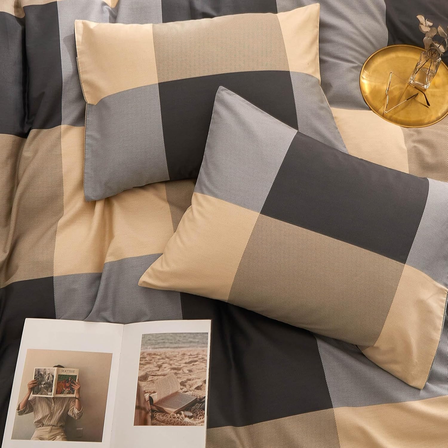 EAVD Vintage Style Brown&Black Buffalo Plaid Comforter Set Queen Boy Men Fluffy Retro Checkered Plaid Bedding Comforter with 2 Pillowcases Farmhouse Geometric Bedding Set for All-Season
