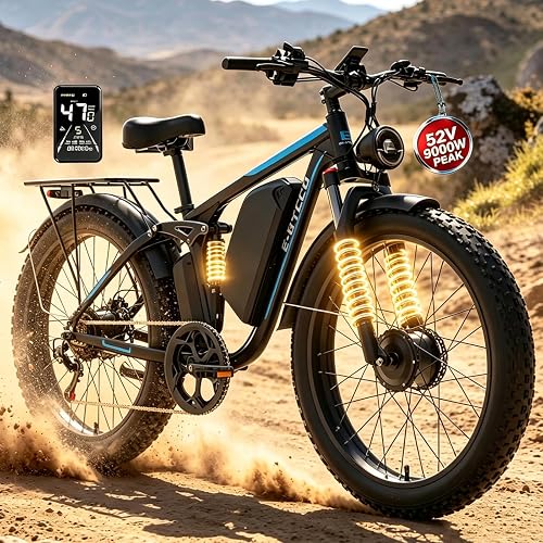 2026 9000W Peak Electric Bike for Adults, 52V 32AH Dual Motor E-Bike, Up to 110Mile 50MPH 24/26" All-Terrain Fat Tires Full Suspension Hydraulic Disc Brake Road Electric Bicycle UL2849 by SGS