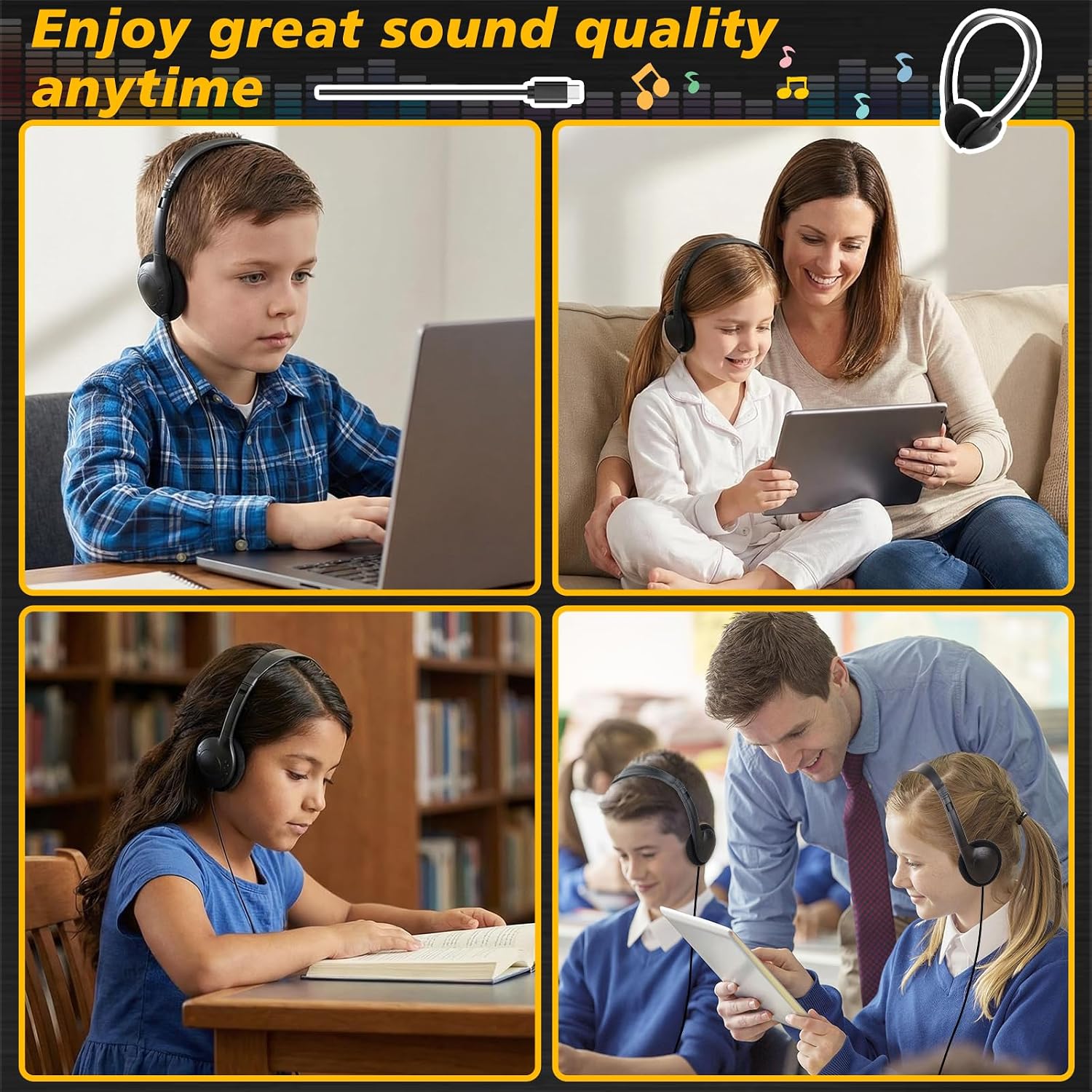 Type C Headphones Bulk for Classroom School Kids 10 Pack,USB C Wired Headphones for School Compatible with Pad Smartphones Black