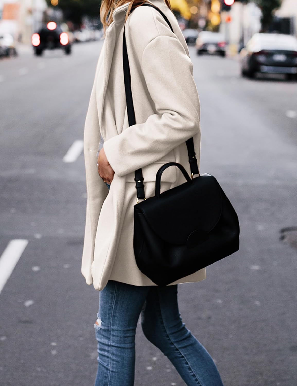 Hooever Women's Notched Lapel Wool Coat Single Breasted Pea Coats Winter Wool Blend Blazer Jacket - Image 3