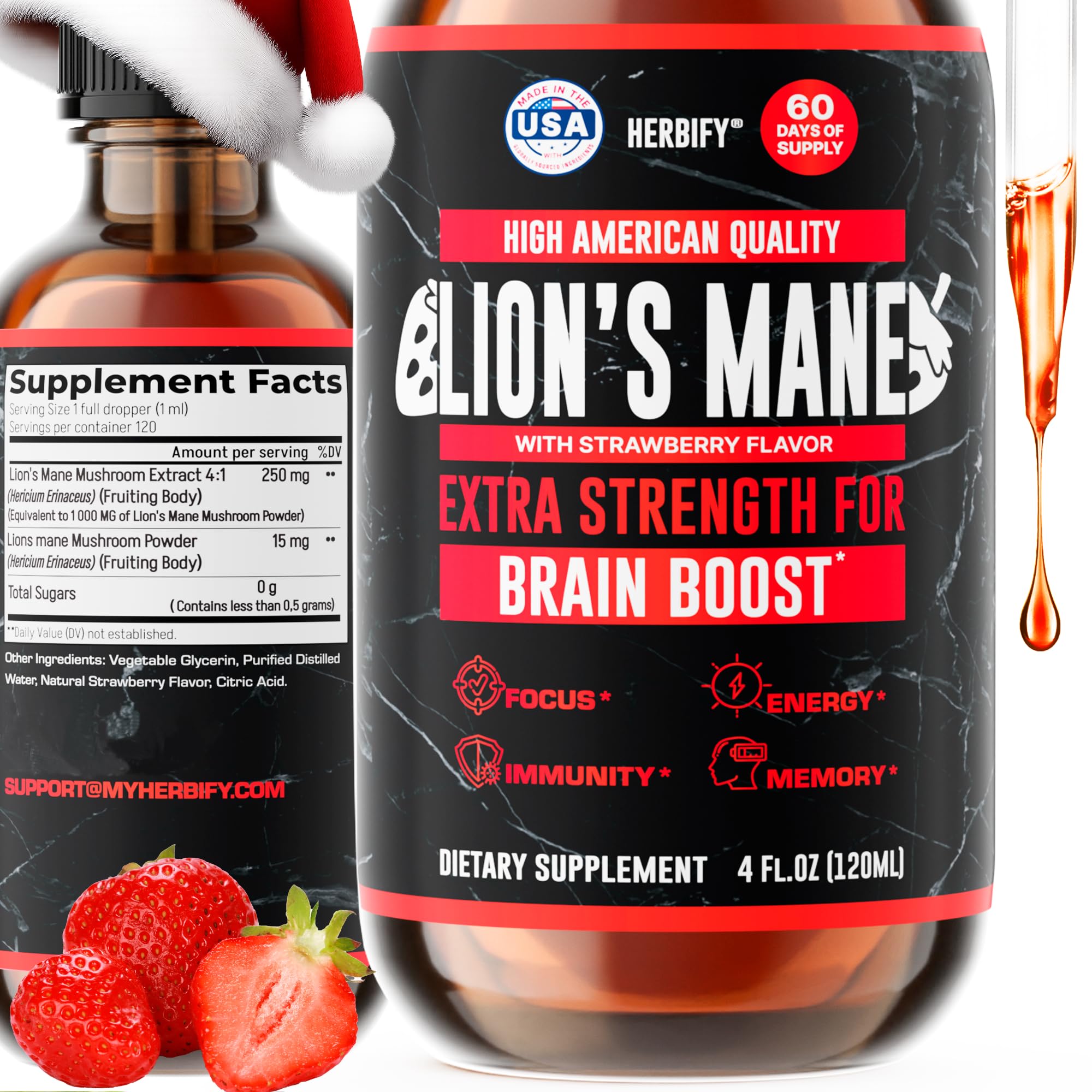 HERBIFY Lions Mane Supplement - Daily Mushroom Supplement for Memory, Focus & Clarity - Brain Booster - Lions Mane Tincture for Immune Support - 4 Fl oz Strawberry Flavor