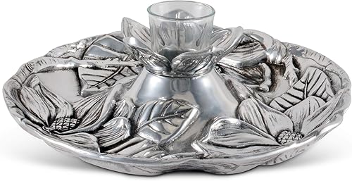 Miniatura 7 de Arthur Court Bandeja de metal de aluminio con diseño de flores de magnolia Tidbit Cheese Hors con vidrio para palillo de dientes, plato de