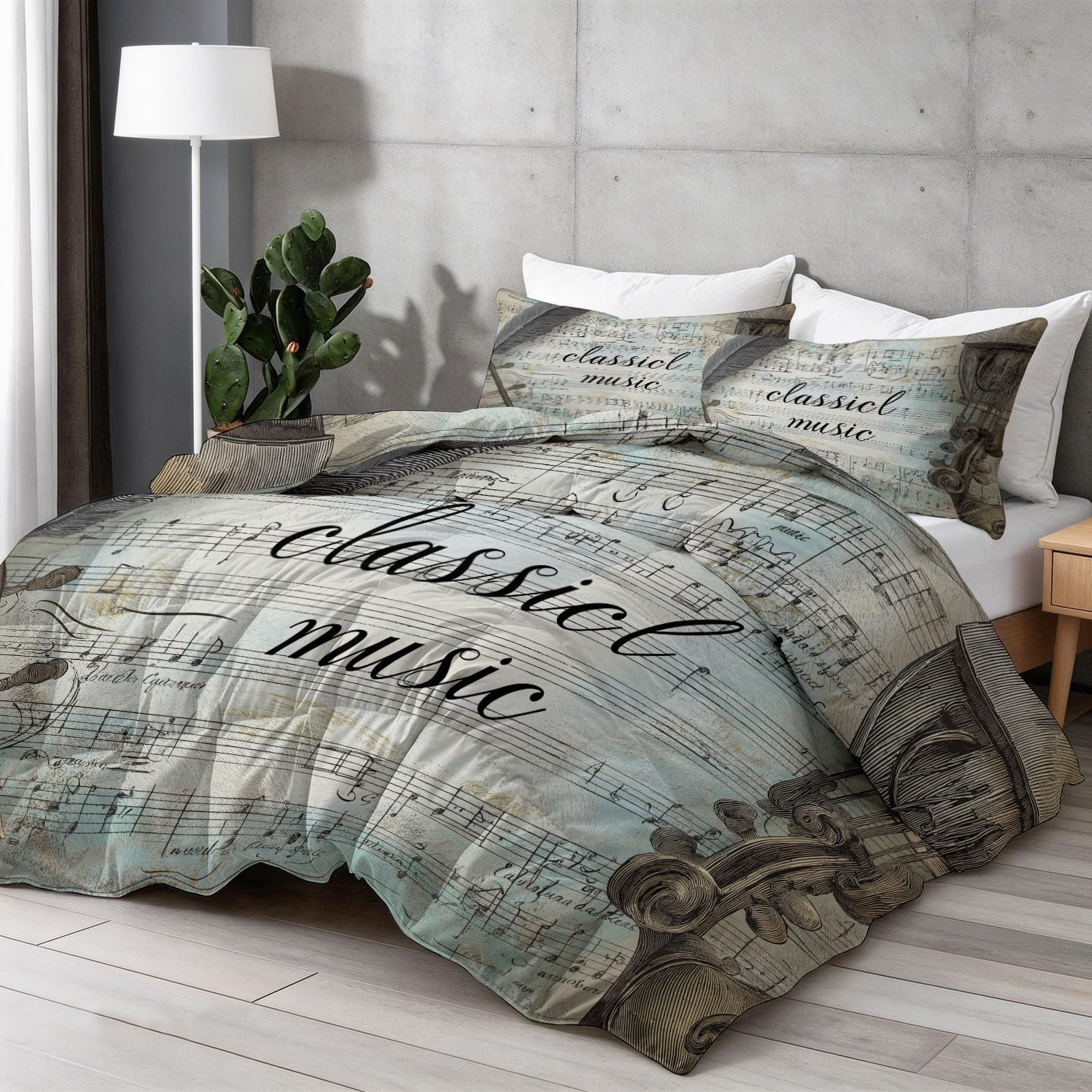 Coverless - Piumone reversibile con note musicali e strumenti musicali, 200 x 200 cm, stampato, matrimoniale, 4,5 tog, per tutte le stagioni, stile retrò, elegante, trapuntato, anallergico, grigio blu