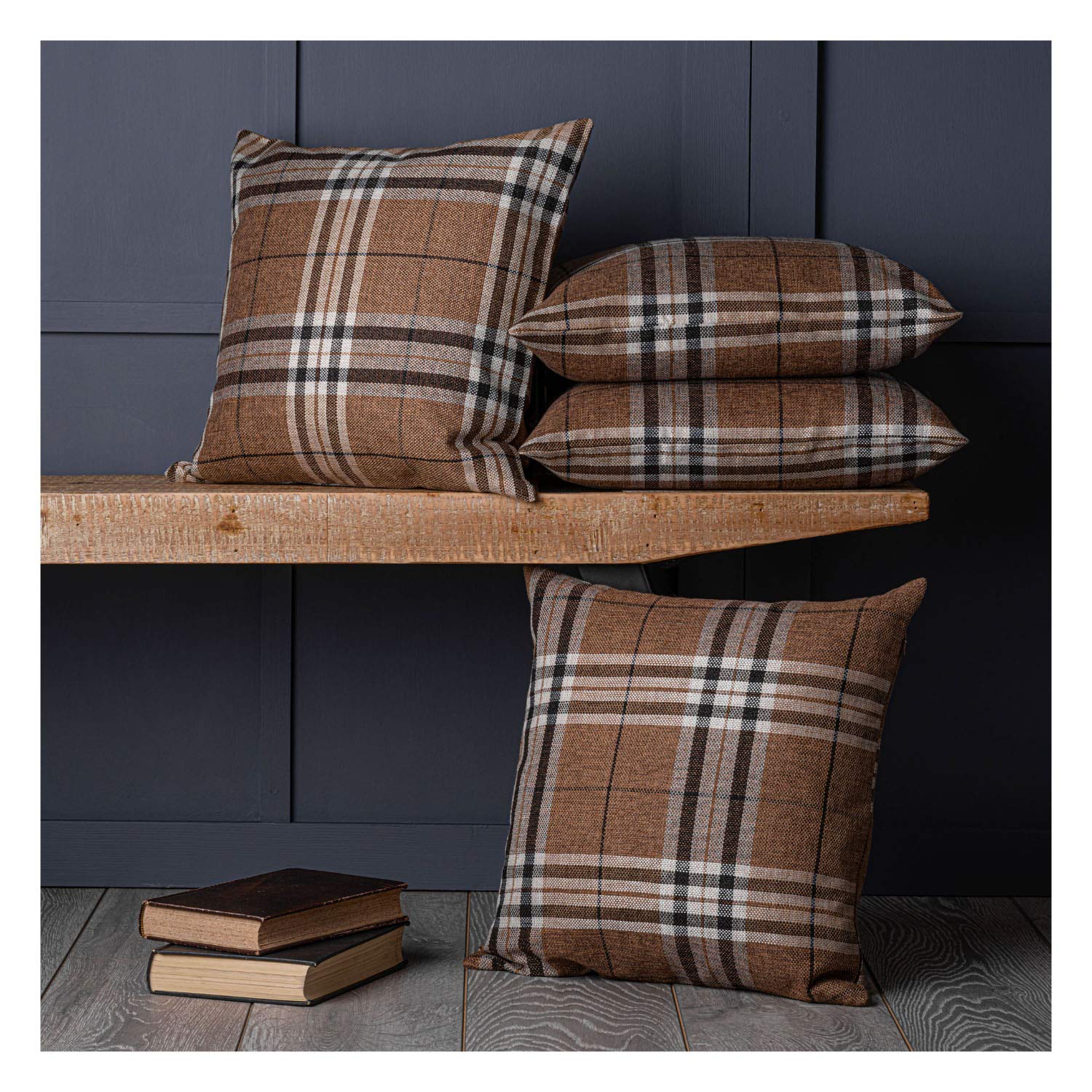 Red Rainbow Tartan Cushion Covers Brown 4 Pack Check Design Large 22 inch 55 cm Square