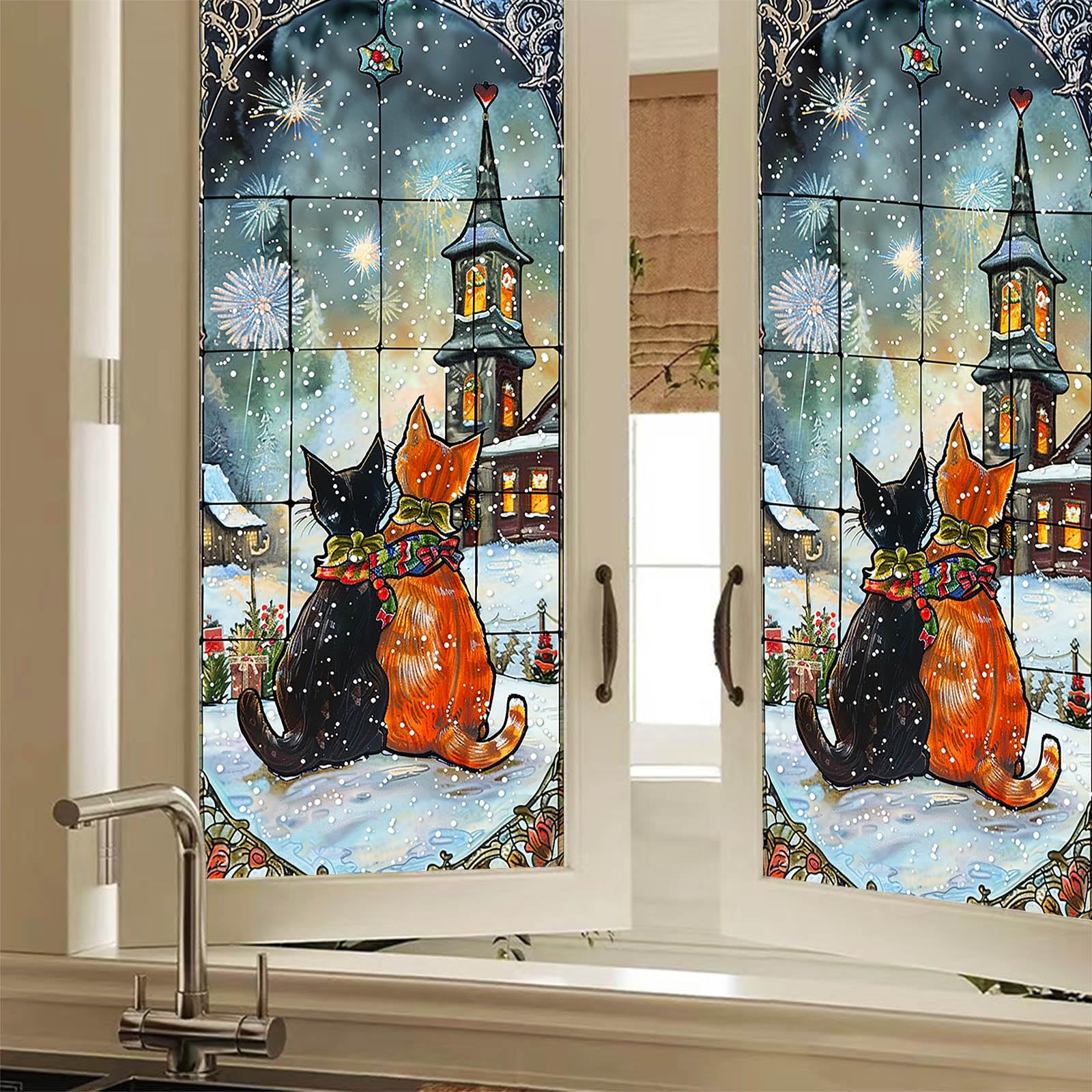 Hometitute Colorful#5 Cat Stained Glass Decorative Privacy Film Snow Night Window Cling Holiday Seasonal Window Sticker For Christmas Home Living Room Bedroom 17.7 X 39.3 Inch