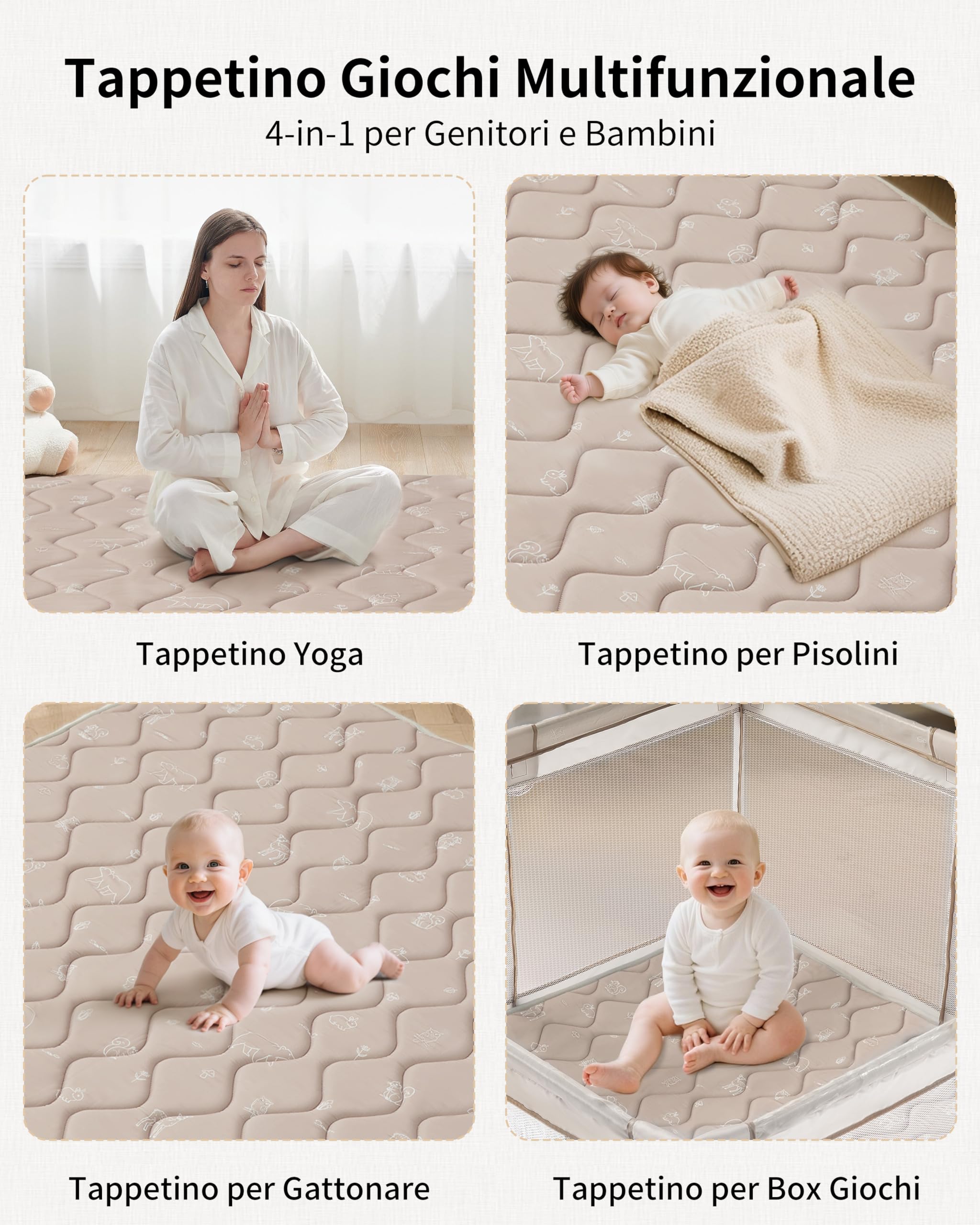 Fortella Tappeto Gioco Bambini 120x120cm, Tappeto Neonato Pieghevole Morbido & Antiscivolo, per Gattonamento & Tummy Time, Tappeti per Neonati Lavabile con Design Elementi Forestali 0-3-6 mesi-Marrone