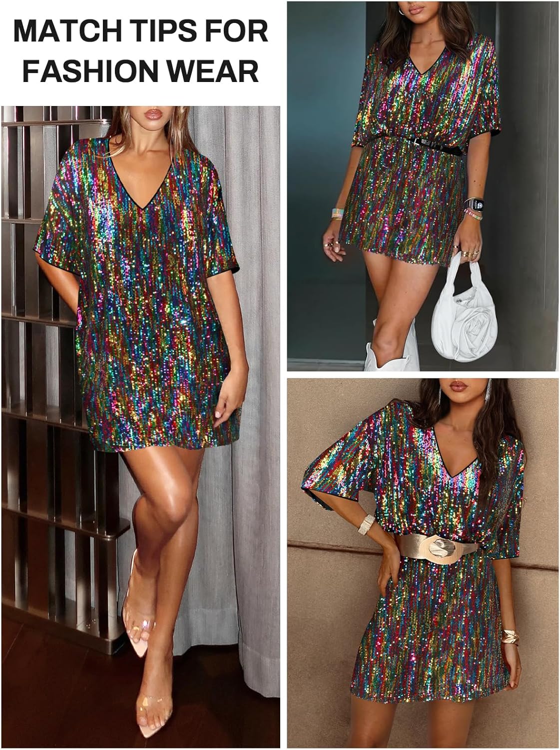 Women's Crew Neck Sequin Dress for Women Sexy V Neck Shirt Dress Sparkly Half Sleeve Loose Party Club Cocktail Dress - Image 4