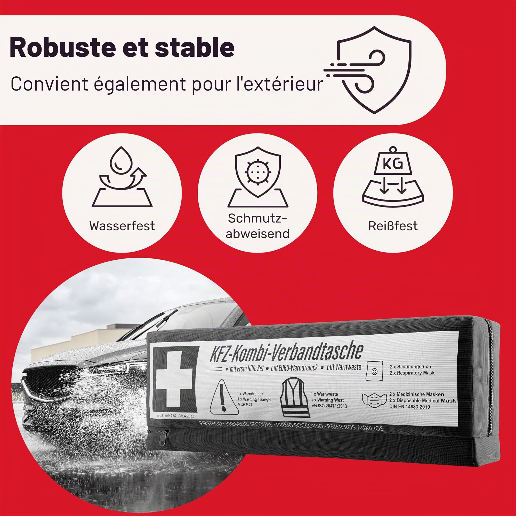 Sac combiné pour voiture (3 en 1) selon la norme actuelle 2026 – Avec triangle de signalisation, gilet de signalisation, boîte de premiers secours, triangle de signalisation, boîte de premiers secours