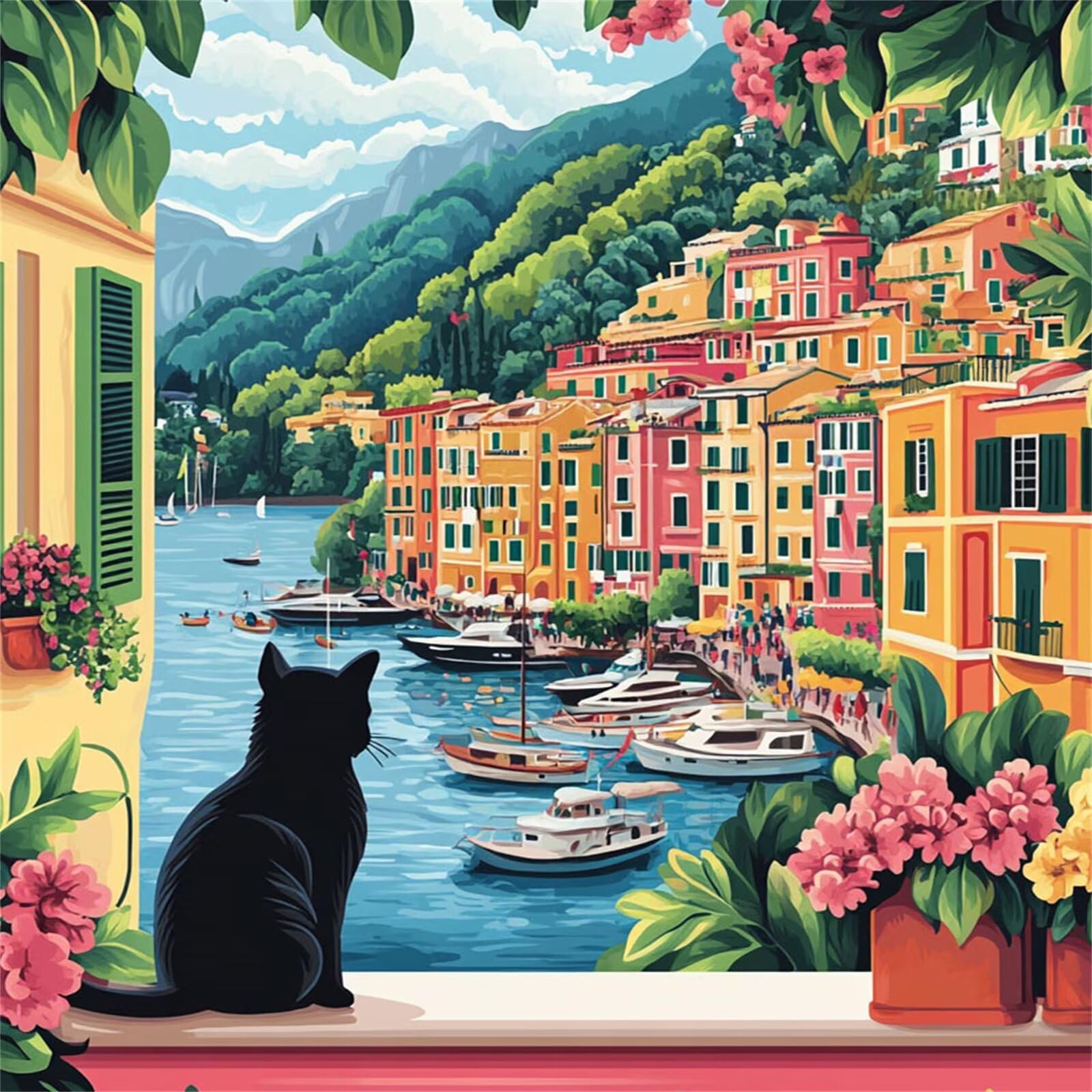 5D Diamond Painting Kit Completo, Diamond Painting Gatto DIY Hobby Creativi Adulti Pittura Diamante Strass Mosaico Kit per Bambini Principianti, Decorazioni Casa Parete Vista mare 90x90cm FX#881