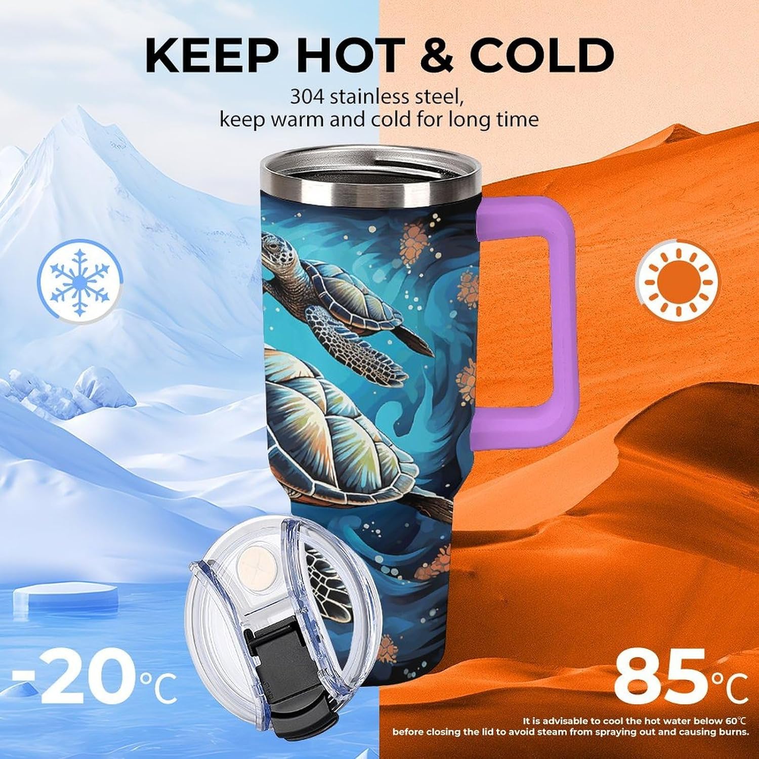 Large Car Cup with Handle&Lid Fashion Sea Turtle Boho Style Tumbler Sturdy Insulated Water Bottle Stainless Steel Vacuum Travel Mug Portable Coffee Cup for Home Outdoor 40 Oz Violet-style