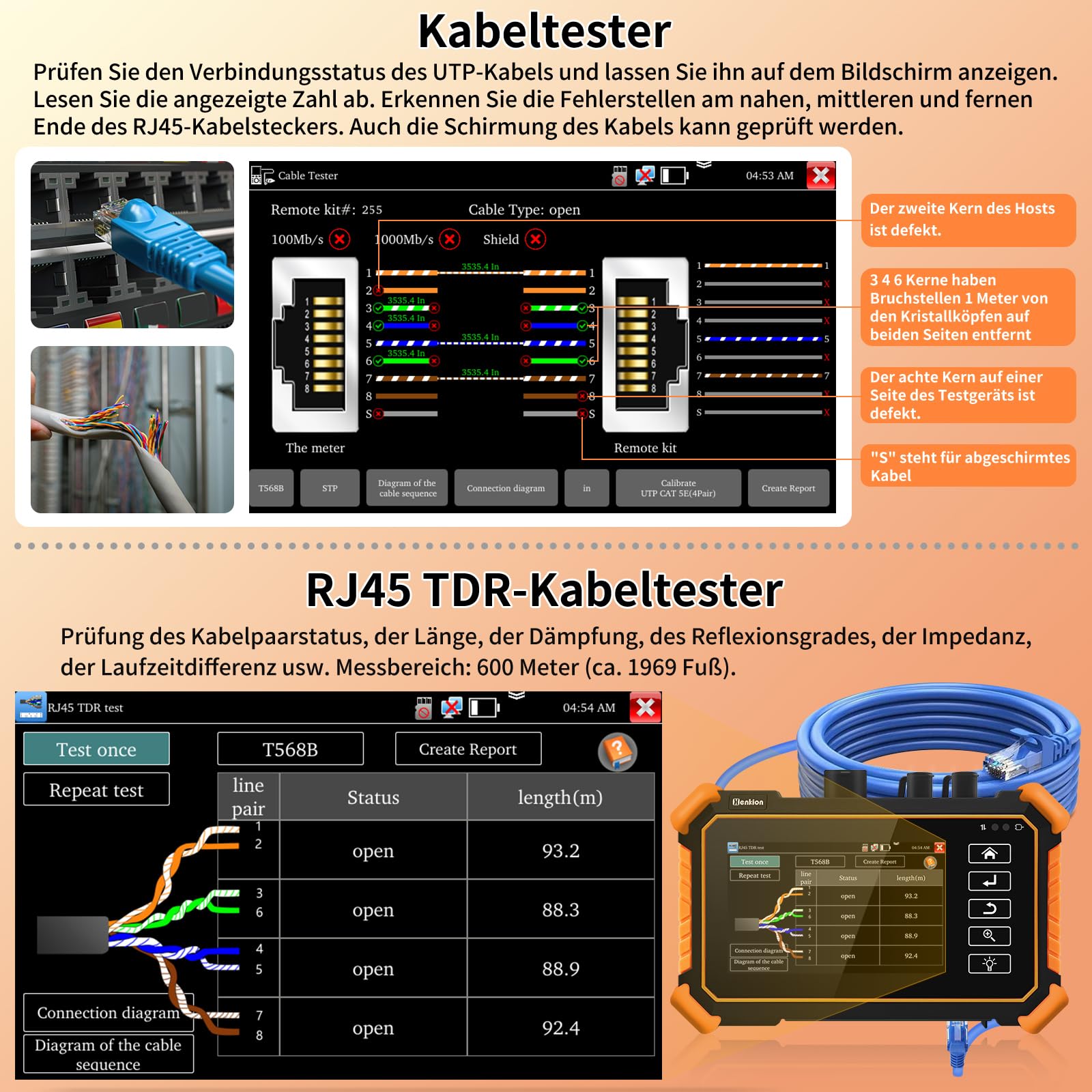 Henkion OTDR Fiber Optic Tester 1610nm 26dB, Glasfasertester unterstützt OPM, LS, OLS, VFL, Ereigniskarte, UTP/RJ45 TDR kabeltest/Längenkabeltester, Netzwerktester, 8 Faseradapter, FTP/Bericht
