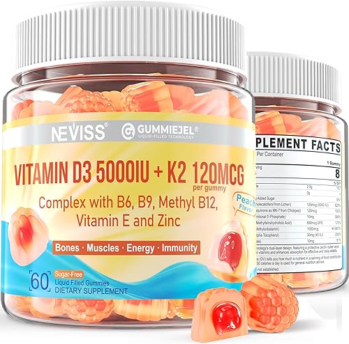 Vitamina D3 5000IU + K2 (MK-7) 120mcg, sin azúcar, vitamina D3 K2 Gomitas rellenas con complejo de vitamina B - Metilo B12, B9, B6 Vitamina E y