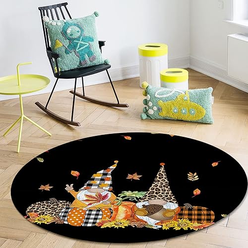 Miniatura 4 de Colección de alfombras redondas con diseño de gnomos de calabaza hojas de otoño de 3 pies antideslizante para interiores para sala de estar mesa de