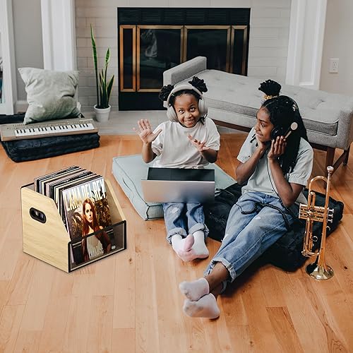 Miniatura 6 de Homeiju Almacenamiento de discos de vinilo, caja de discos de metal y madera, con capacidad para hasta 60 álbumes, color beige