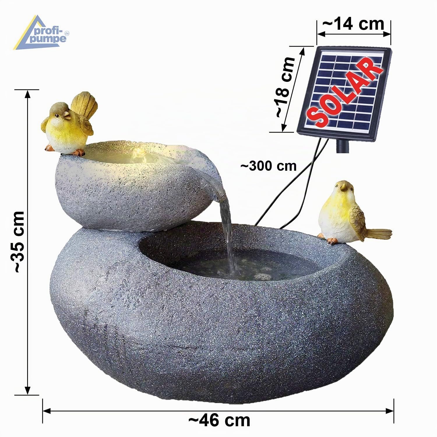 Fuente Solar de jardín Fuente Decorativa Cascada Luz de jardín Bomba de Estanque para Patio, balcón, con Bomba Función de Inicio instantáneo con batería de Iones de Litio y luz LED (FELS-Schalen)
