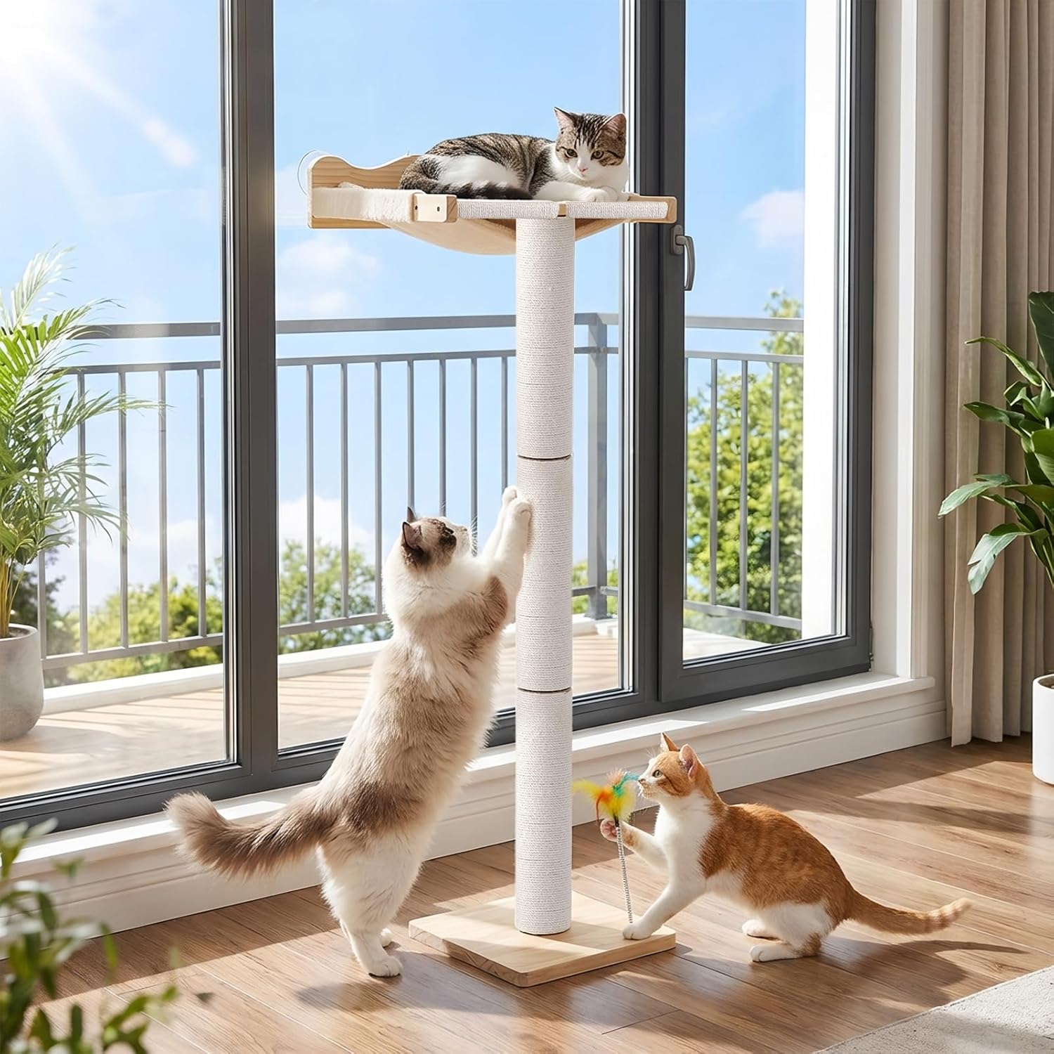 Cat Window Perch with Tall Scratching Post, 44" Adjustable Sisal Cat Tree, 33lbs Capacity Suction Cup Hammock for Indoor Cats Scratching & Watching Birds, Beige, with Detachable Cushion