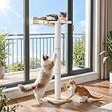 Cat Window Perch with Tall Scratching Post, Lassume 44' Adjustable Sisal Cat Tree, 33lbs Capacity Suction Cup Hammock for Indoor Cats Scratching & Watching Birds (Beige, Detachable Cushion)