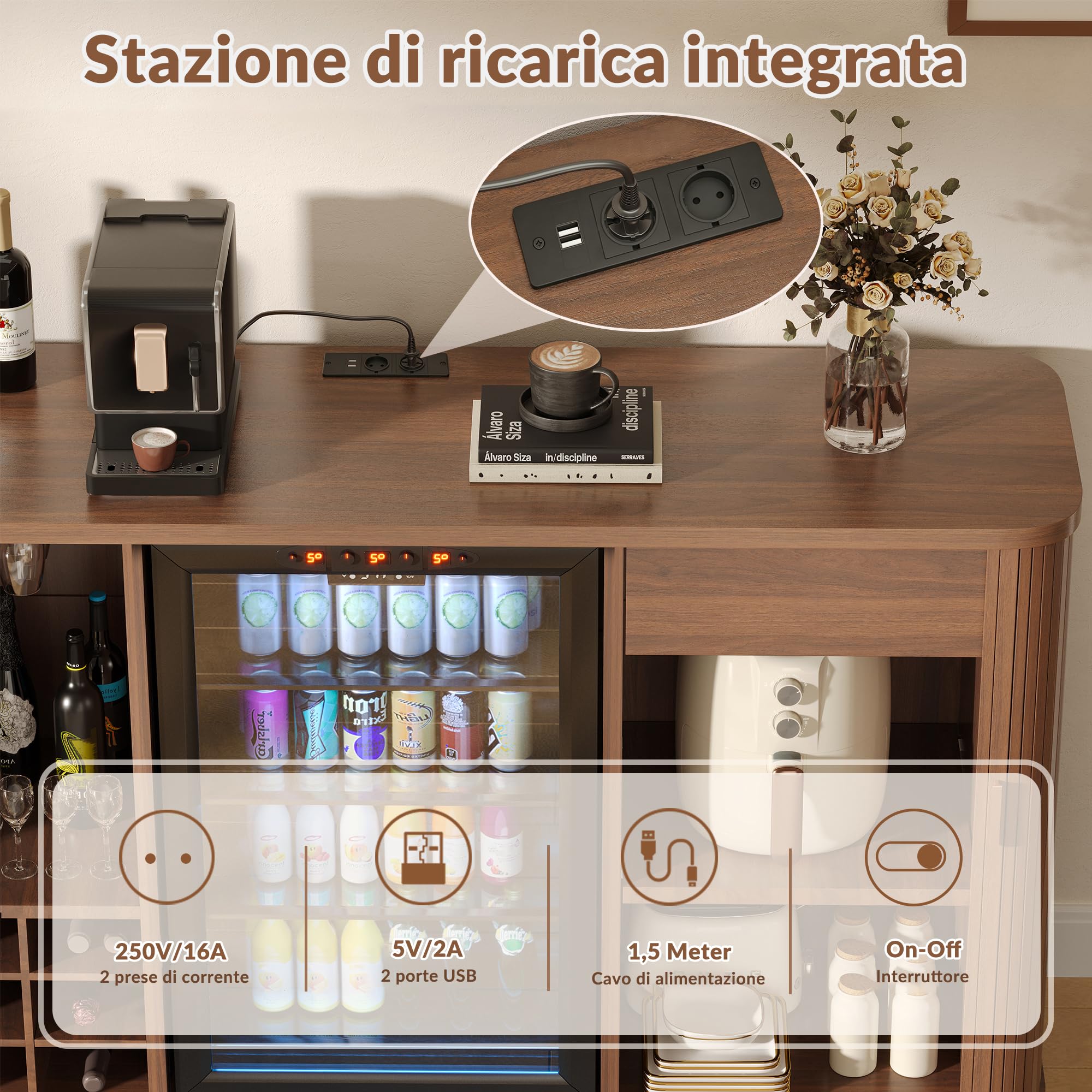 Credenza/mobile bar scanalato da 130 cm con vano frigorifero, mobile bar retrò con ante a serrandina, ripiani regolabili e portabottiglie per cucina e sala da pranzo.