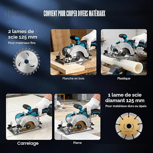 Sega Circolare Mini Senza Spazzole per Makita 18 V, senza spazzole con 3 lame, occhiali di protezione, guanti e 2 chiavi, taglio obliquo 0-45° per piastrelle, legno e plastica (senza batteria) - 8