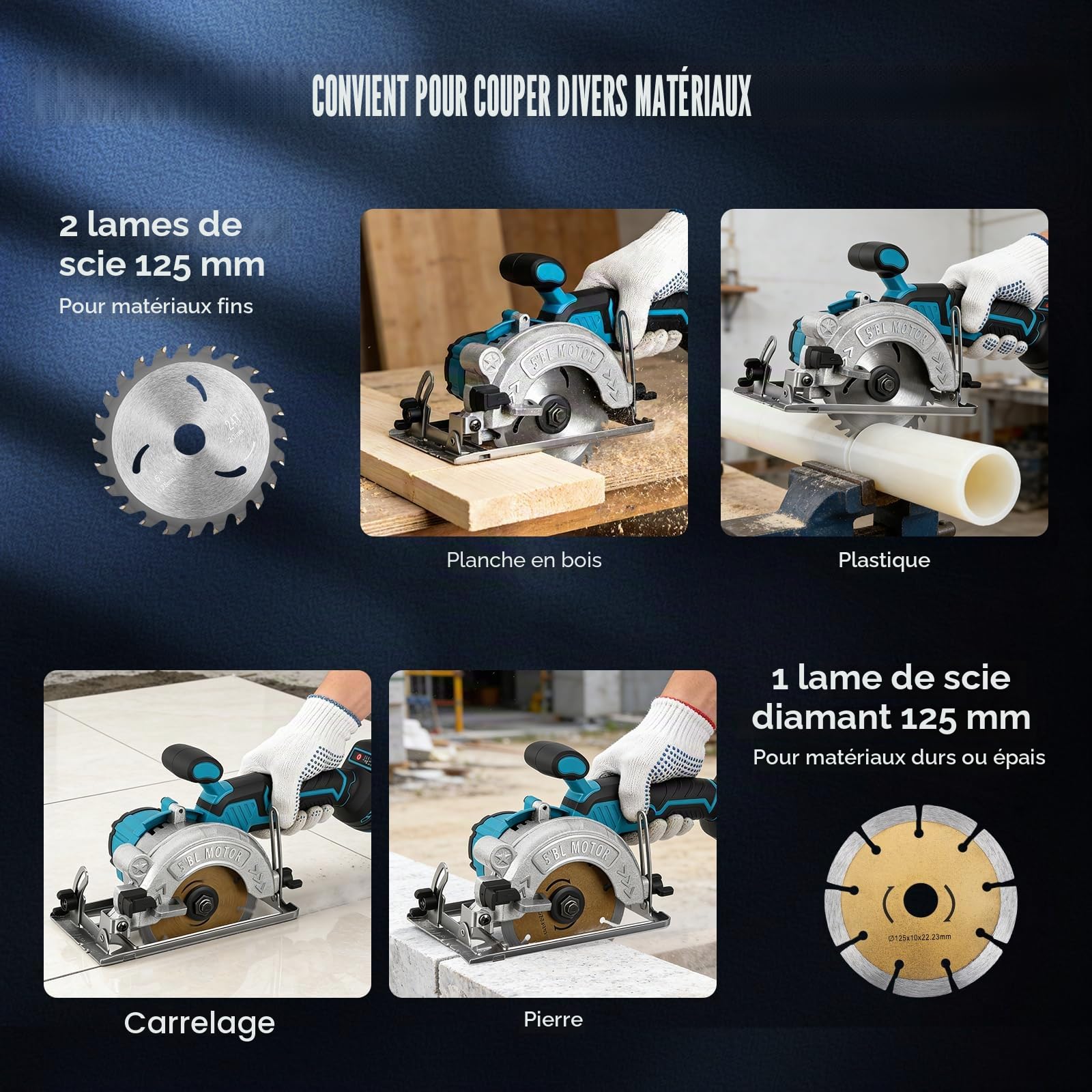 Scie circulaire sans fil pour Makita 18 V batterie, mini scie circulaire manuelle Sans brosse (sans batterie), 125mm 3 Lames, Profondeur de Coupe 45mm, Inclinaison 0-45°, pour Bois, Carrelage, Métal